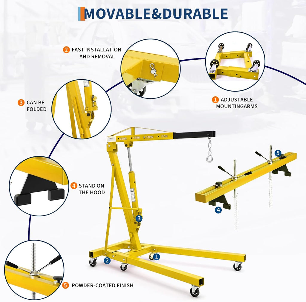 2 Ton Folding Hydraulic Engine Hoist with 59 in Load Leveler 4400 LBS Capacity Heavy Duty Cherry Picker 6 Swivel