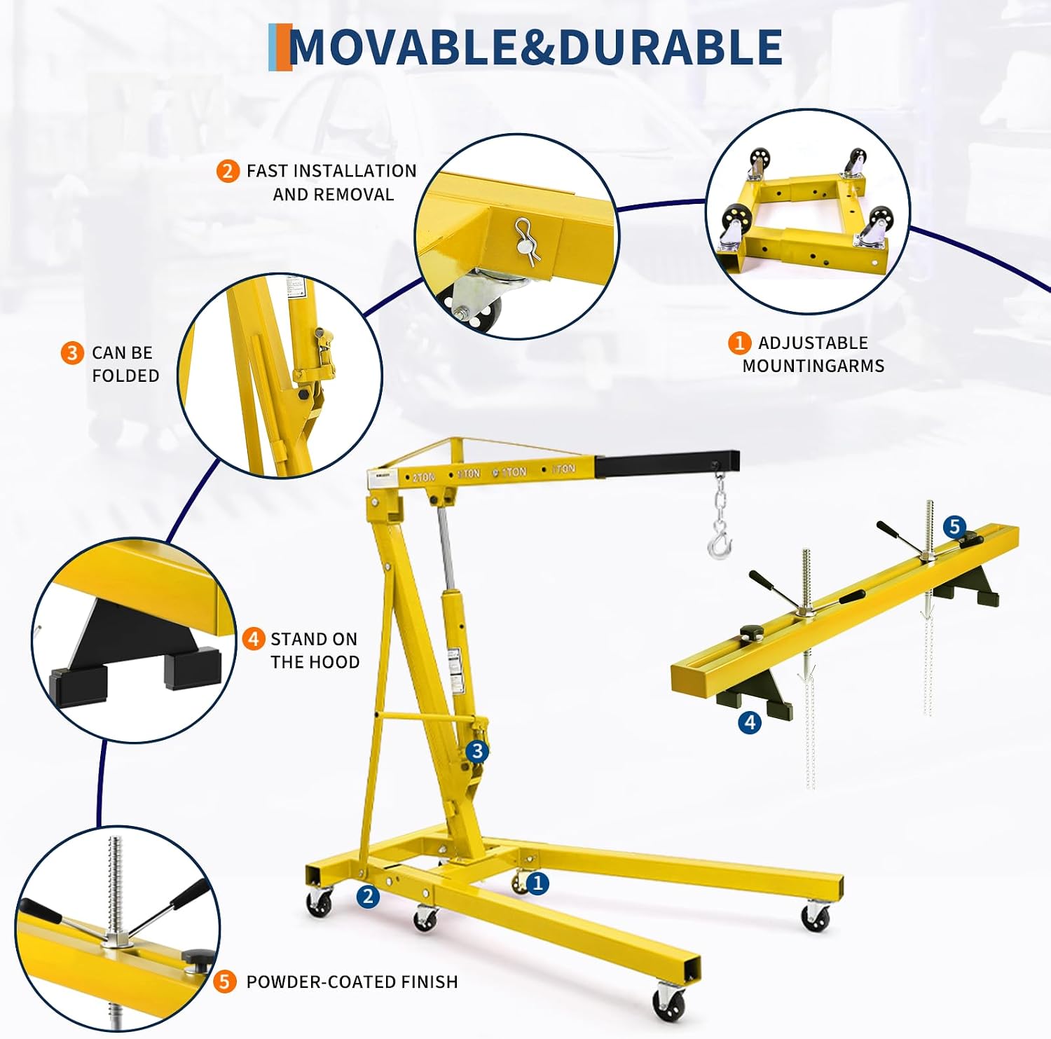 2 Ton Folding Hydraulic Engine Hoist with 59" Load Leveler Yellow