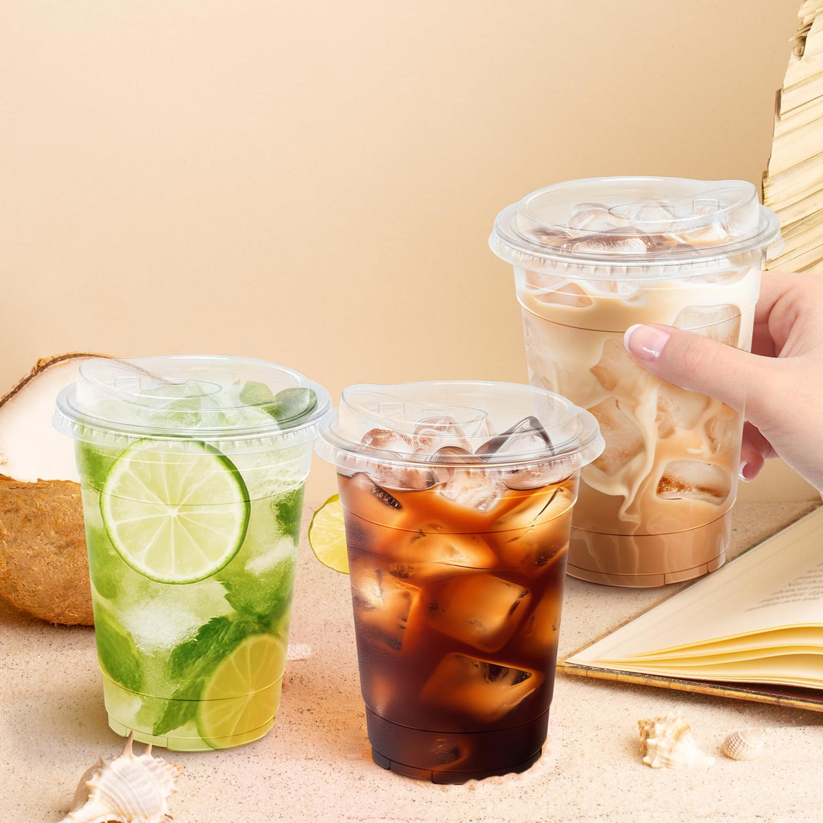 16 oz 100 Pack Plastic Cups with Lids Disposable Iced Coffee Cups
