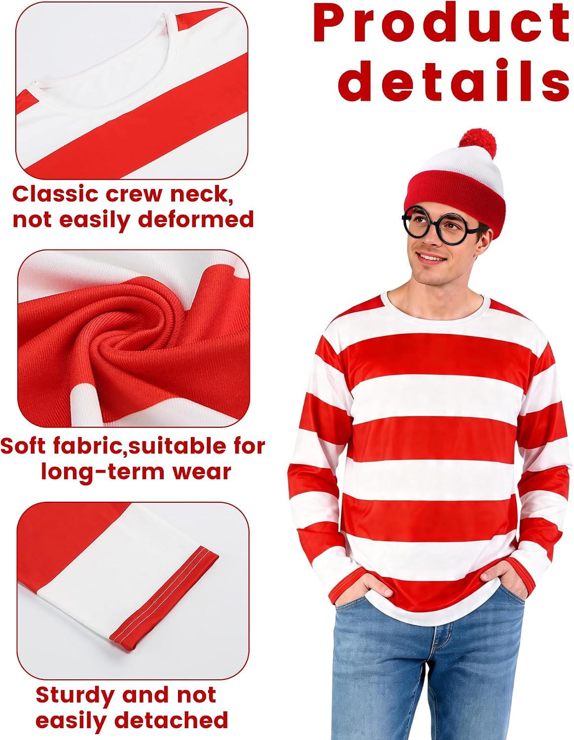 Halloween Costume Adult,Red and White Striped Shirt,Couple Costume | 3 PCS Halloween Easy Costumes,Red and White
