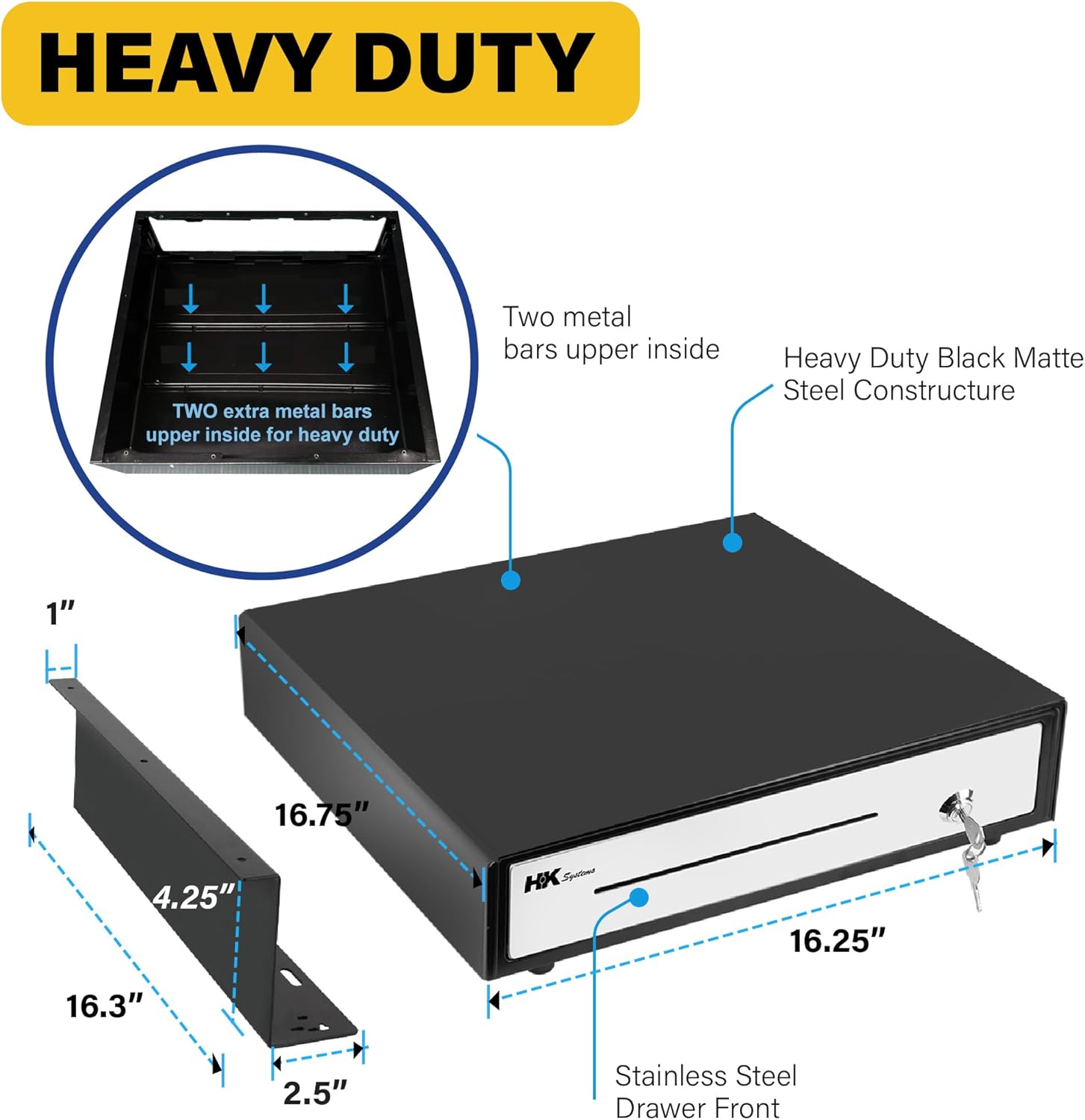 16" "Stainless Steel" Front Heavy Duty Black POS Cash Drawer with 5Bill/5Coin with Under Counter Mounting Metal Bracket