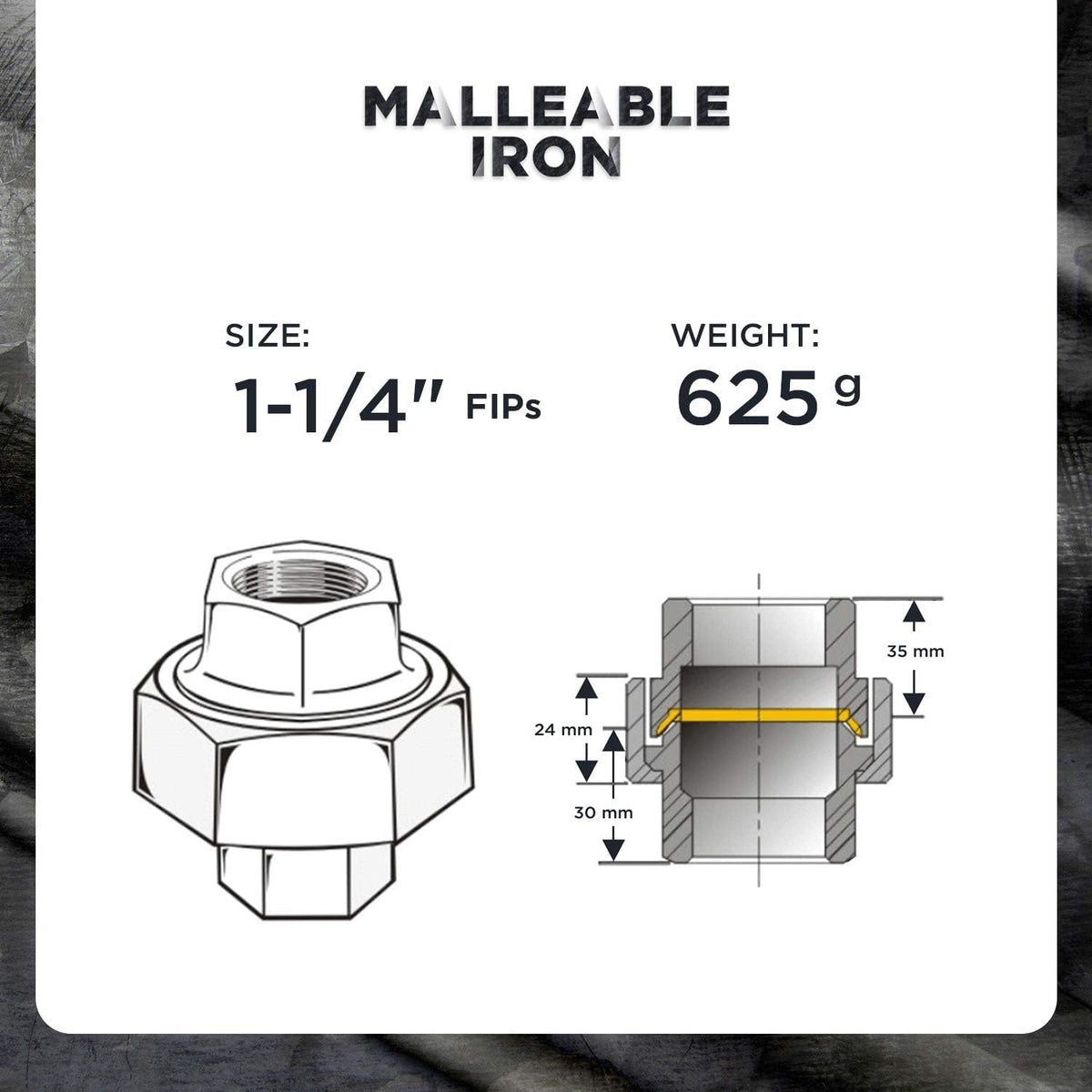 Supply Giant BMUN0114-5 Union Pipe Fitting With Female Threading, Malleable Iron Connector, 1-1/4 inch, Black (Pack Of 5)