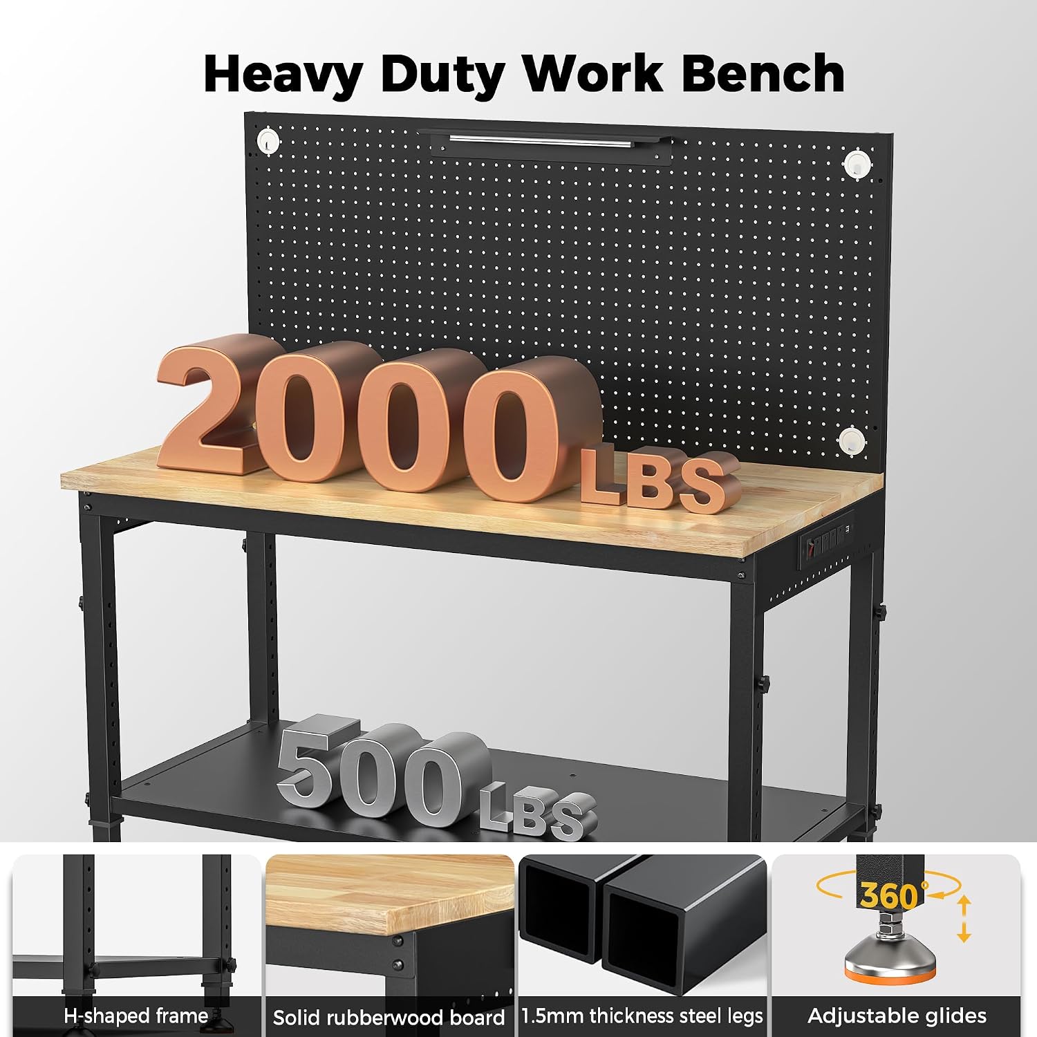 48x24 Inch Garage Work Bench with Storage, Pegboard & Power Strip | Heavy Duty Adjustable Workbench With 2000 lb