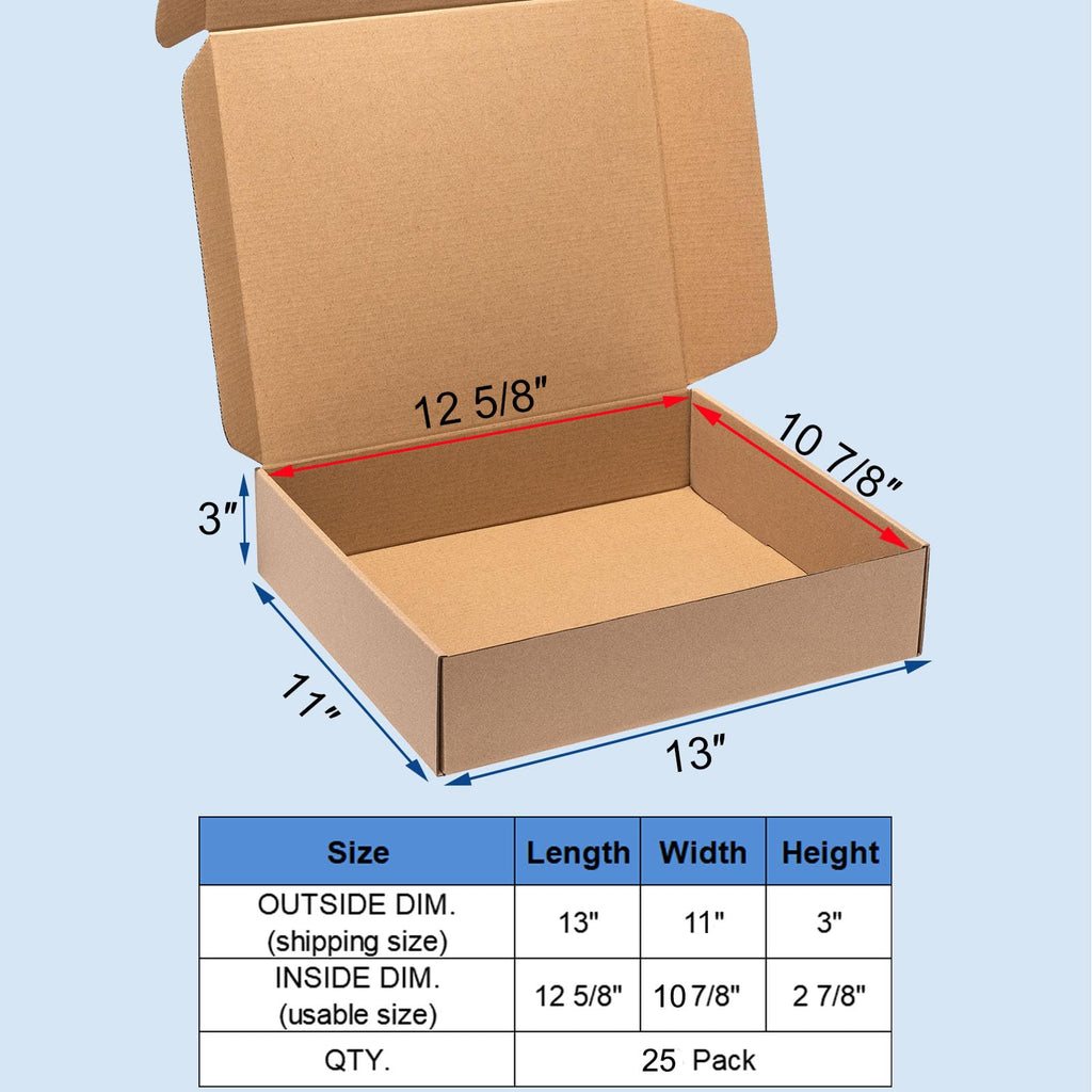 Brown Shipping Boxes 13x11x3" 25 Pack Corrugated Cardboard Mailers