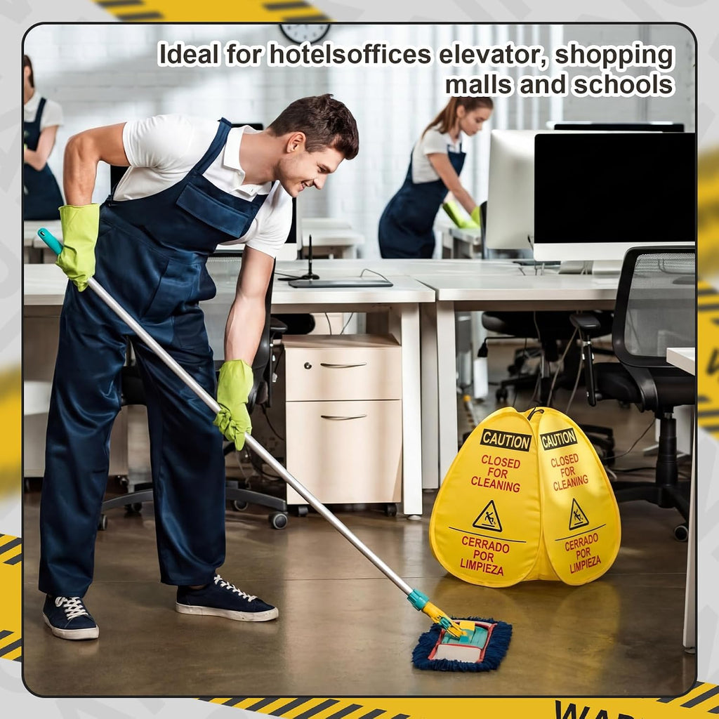 6 Pack 16" Pop-up Wet Floor Sign Closed for Cleaning Signs Yellow 4-sided English/Spanish Warning Foldable Highly