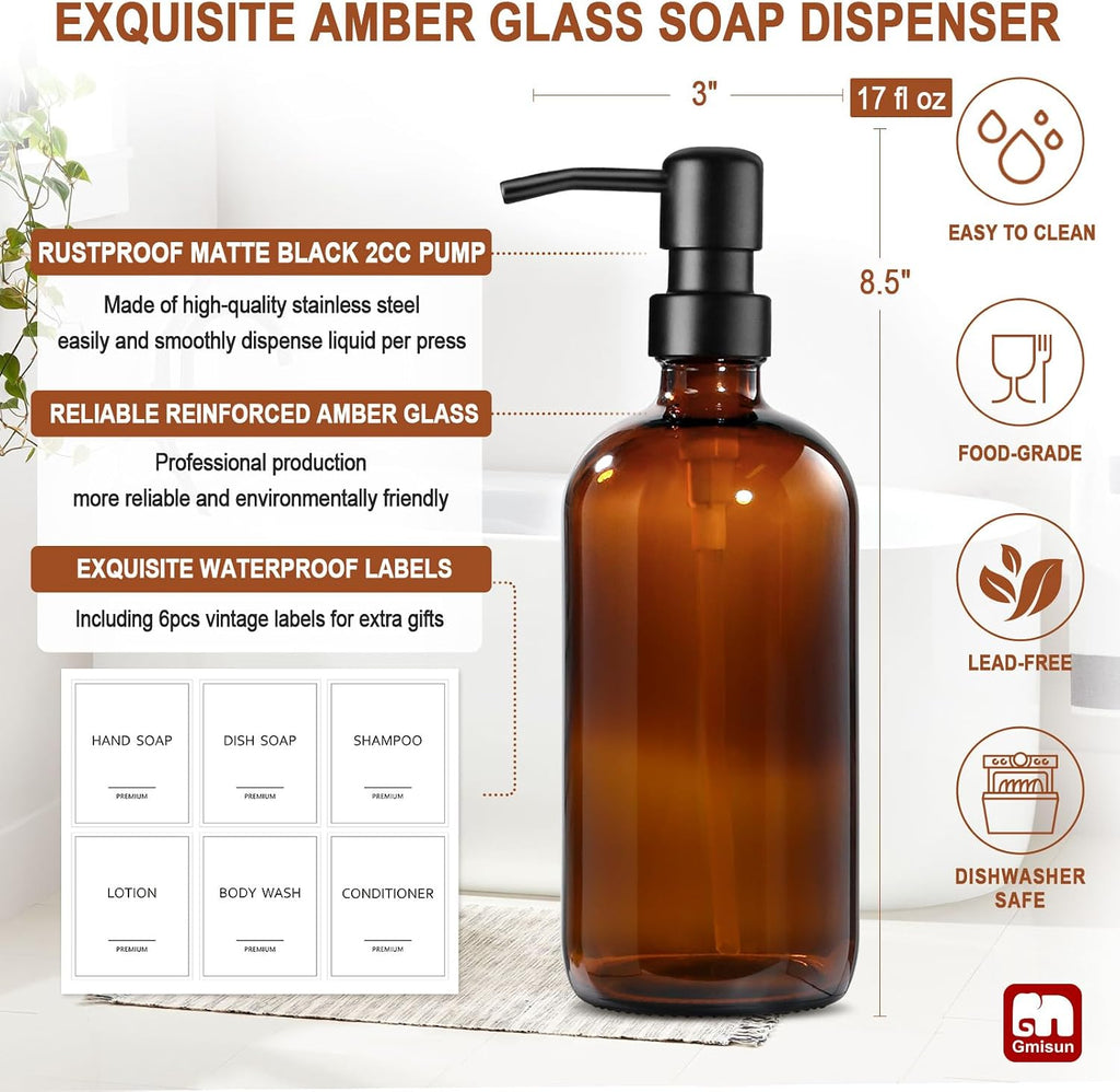 Amber Glass Soap Dispenser, 4 Pack Bathroom Hand Soap Dispensers with Stainless Steel Pump, 17 Fl Oz Kitchen Hand and