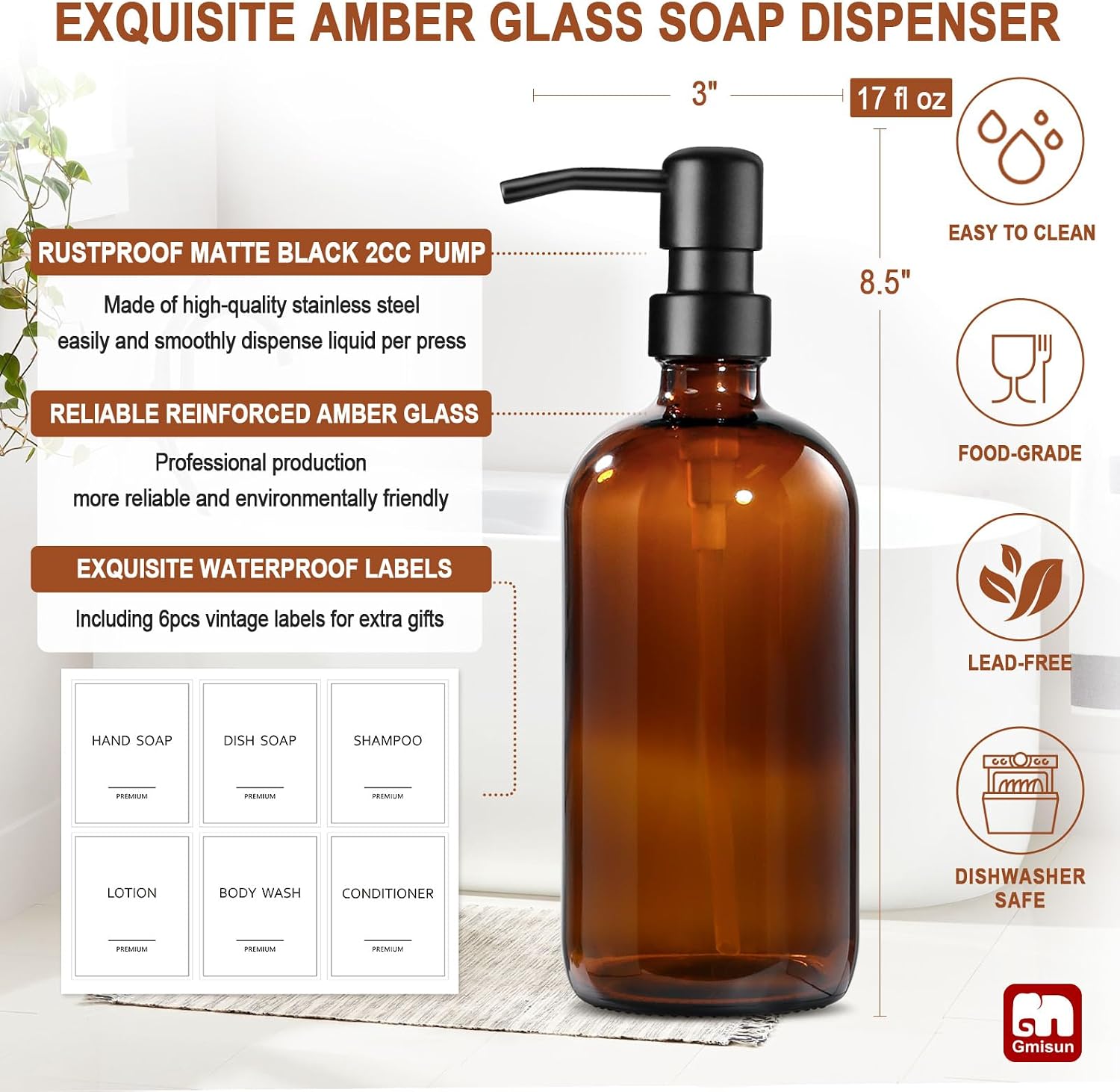 Amber Glass Soap Dispenser, 4 Pack Bathroom Hand Soap Dispensers with Stainless Steel Pump, 17 Fl Oz Kitchen Hand and
