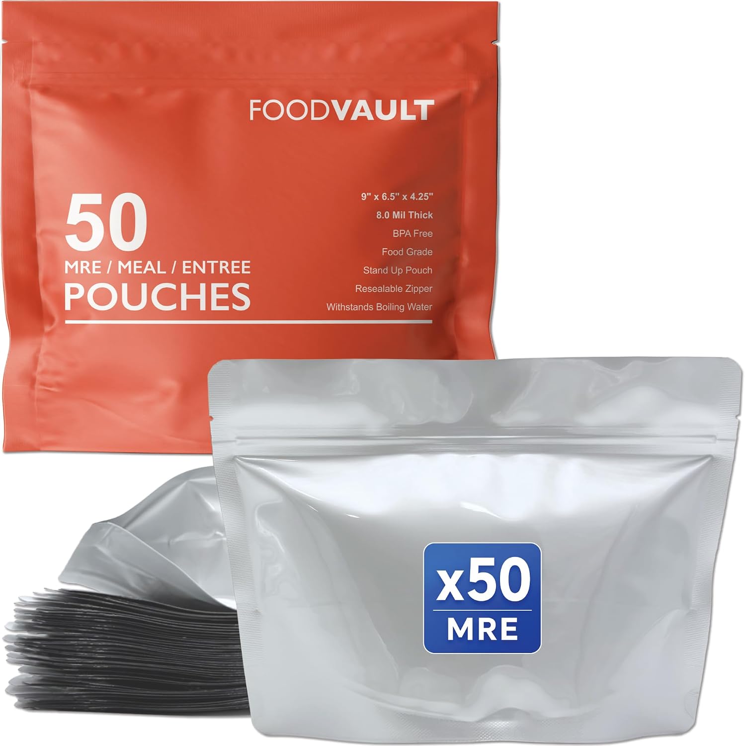 MRE Mylar Bags, 16 Mil Total Thickness, Stand-Up Resealable Pouches for Long-Term Food Storage, Freeze Dried Meals &
