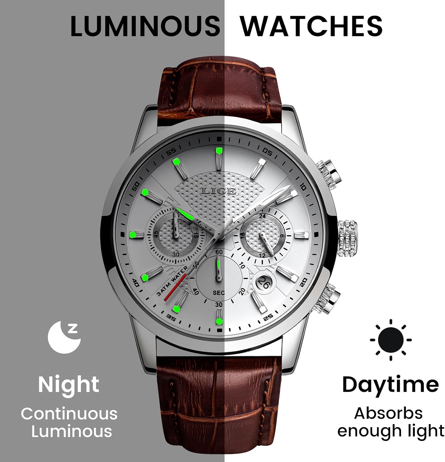 Wrist Leather Watches for Men Analog Dress Chronograph Waterproof Vintage Work Casual Quartz with Date Display