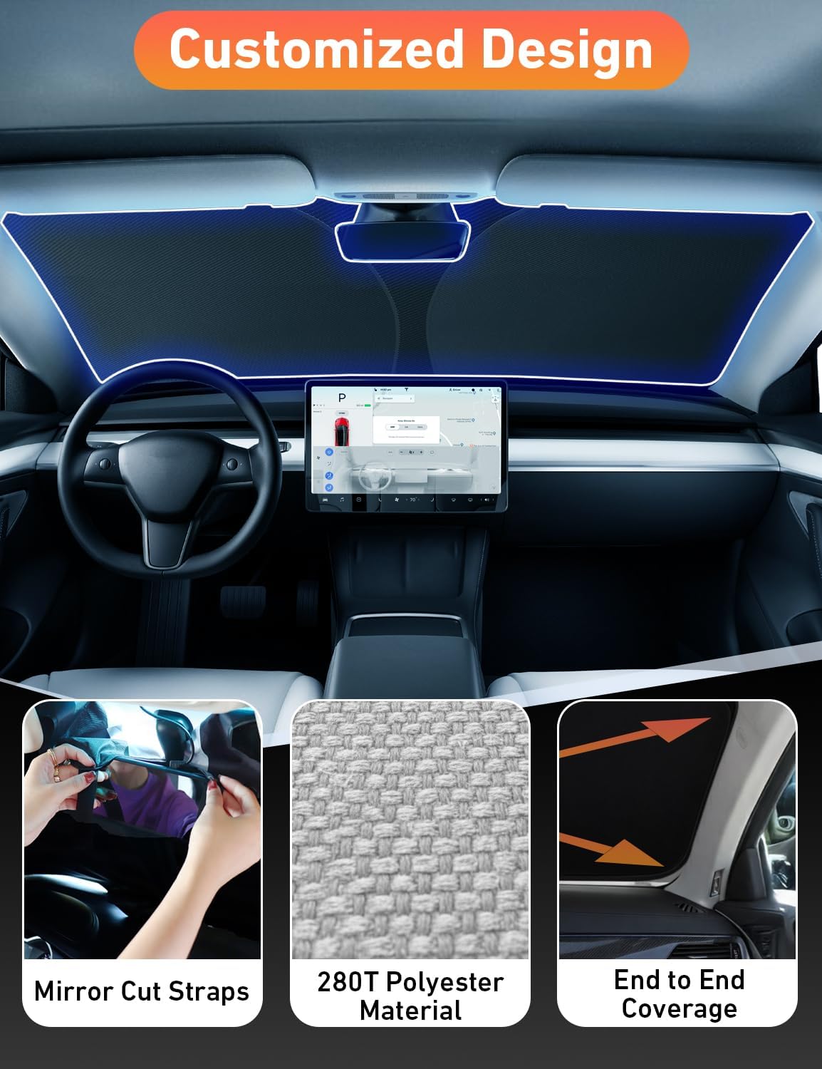 Windshield Sun Shade Compatible for Tesla Model 3 & Model Y Juniper 2017-2024 2025 2026, Sun Visor for EV Front