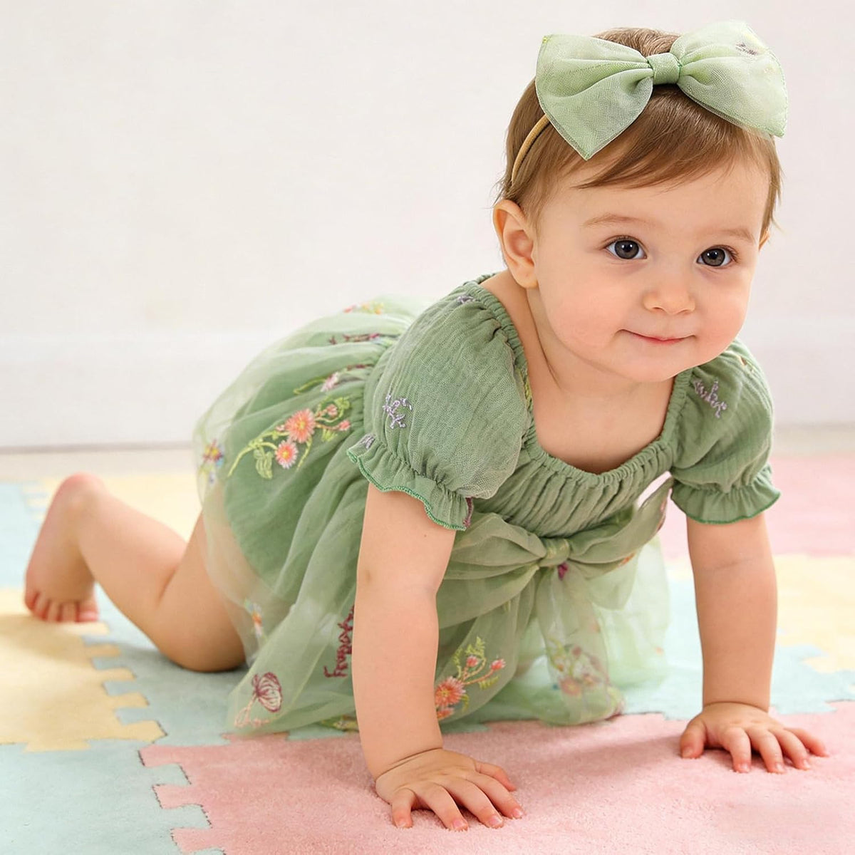 Baby Girl Romper Dress Infant Linen Tulle Bodysuit Puff Sleeve Summer Outfits With Headband Cake Smash Clothes
