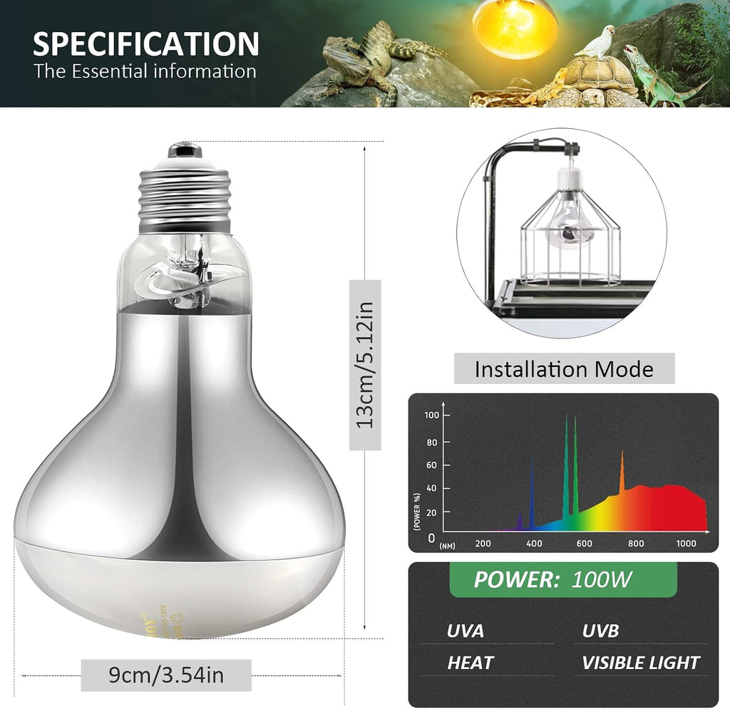 100W Reptile Heat Lamp Bulb Full Spectrum UVA UVB Sun Light for Reptile and Amphibian Use