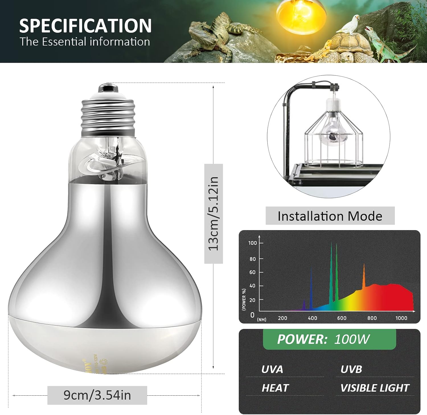 100W Reptile Heat Lamp Bulb Full Spectrum UVA UVB Sun Light for Reptile and Amphibian Use