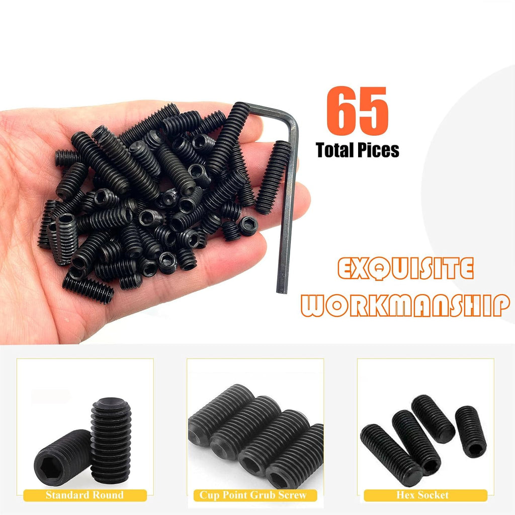 65pcs 1/4-20 4 Sizes Hex Socket Set Screws Assortment Kit, Black Alloy Cup Point Grub Screw for Bathroom Fixtures Door Handles Stripper Pole Rack Screws Precision Instrument ETS