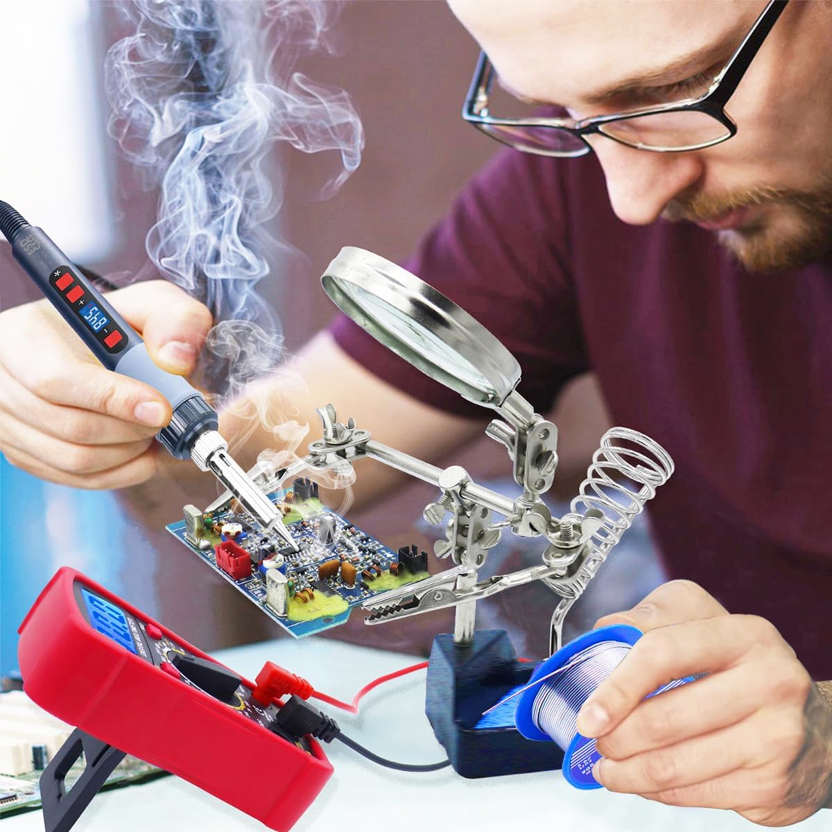 Soldering Iron Kit, 80W Electric Solder iron, Adjustable Temperature (180°C- 500°C）, With Multimeter, Magnifier