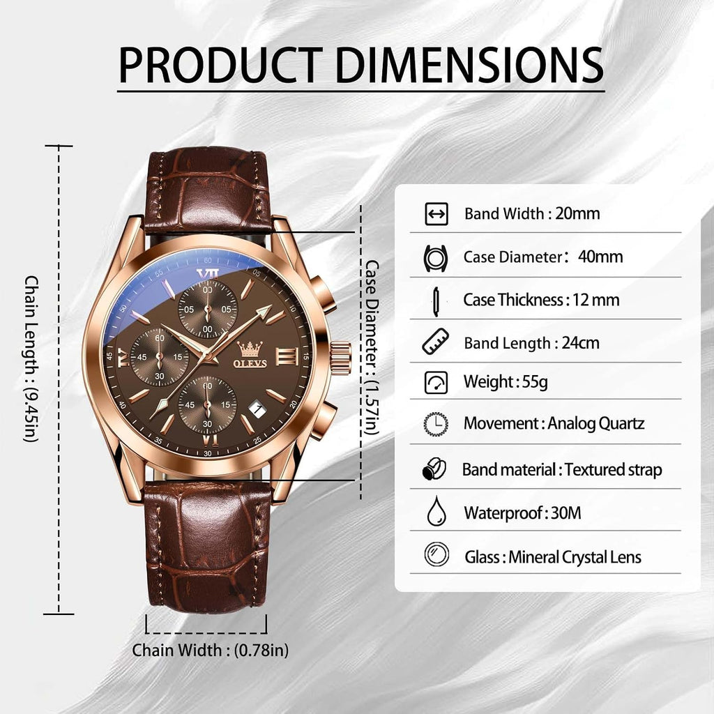 Men's Watches Brown Leather with Date,Casual Watches for Men,Large Face Watches Men,Chronograph Mens Watch,Sport