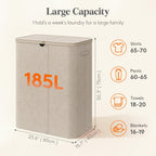185L 3 Section Laundry Hamper with Lid, Laundry Basket, Beige