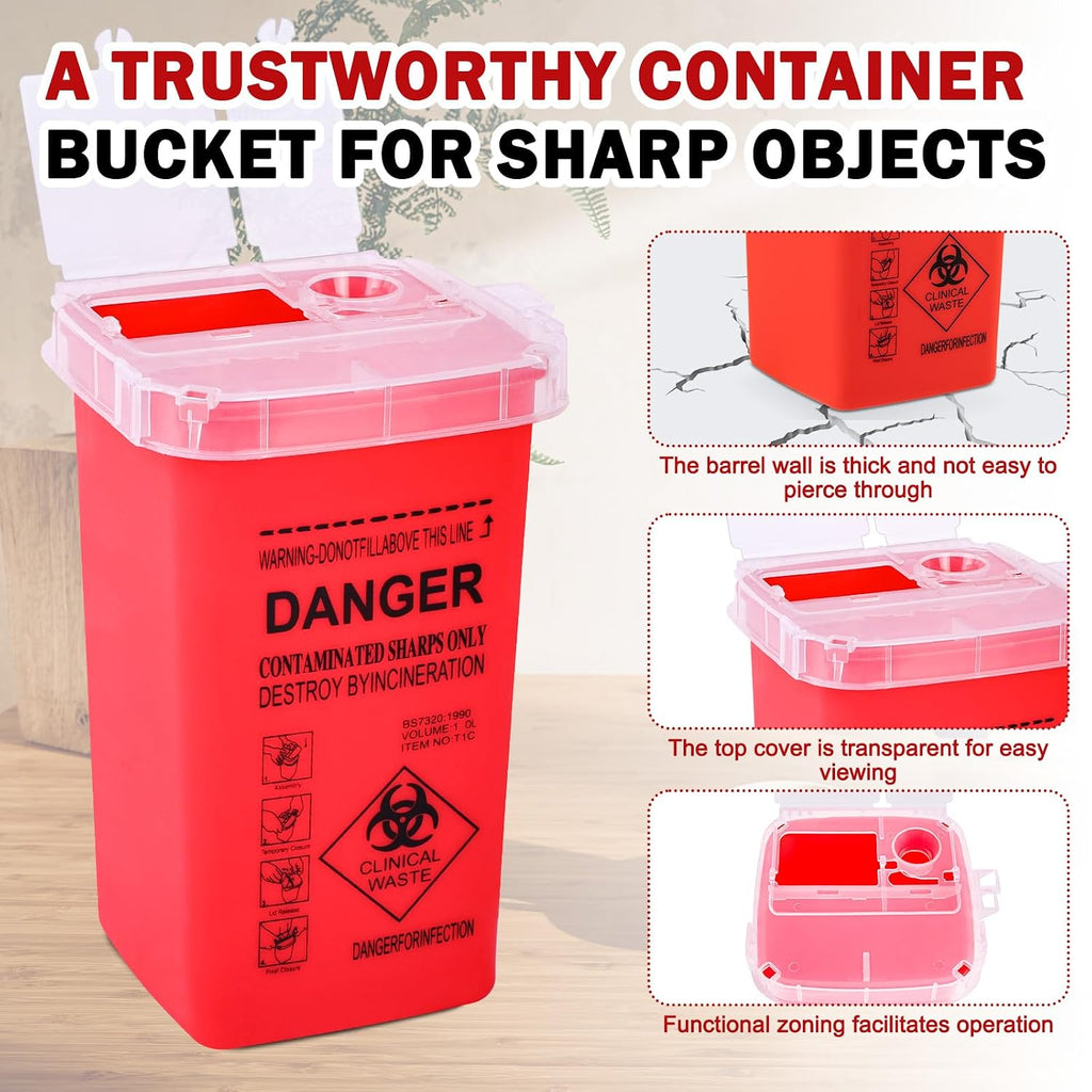 1 Quart (3-Pack) Red Sharps Containers, Needle Disposal for Home Use | Portable Travel Sharps Storage, Professional