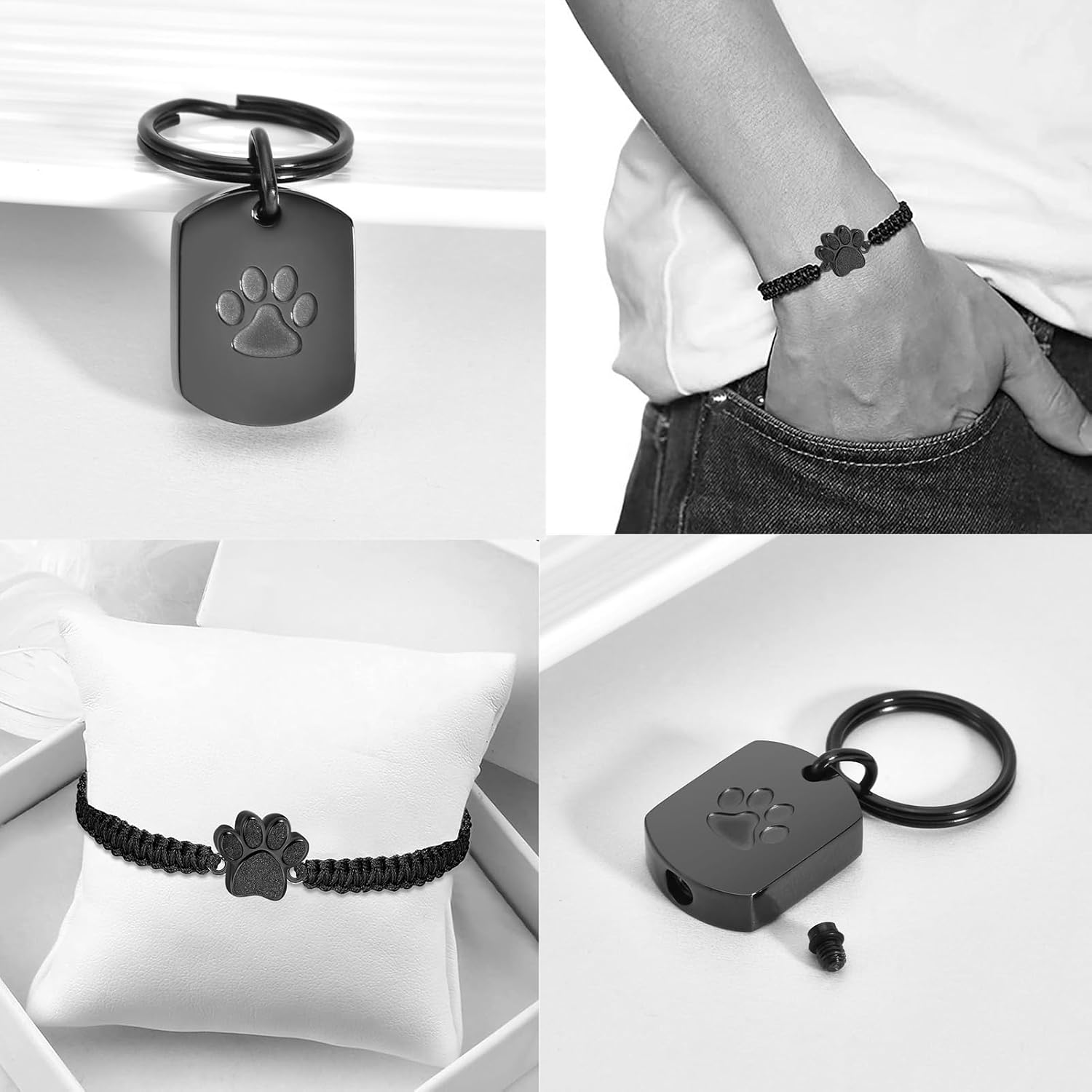 3 Pcs Pet Cremation Jewelry Urn Necklaces Bracelet Keychain for Ashes for Women Men Cat Dog Paw Print Ashes Keepsake