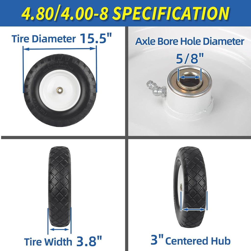 4.80/4.00-8" Wheelbarrow Tire, 16" Flat-Free Solid Tire and Wheel, 3" Centered Hub, 5/8" Axle Bore Hole, for Garden