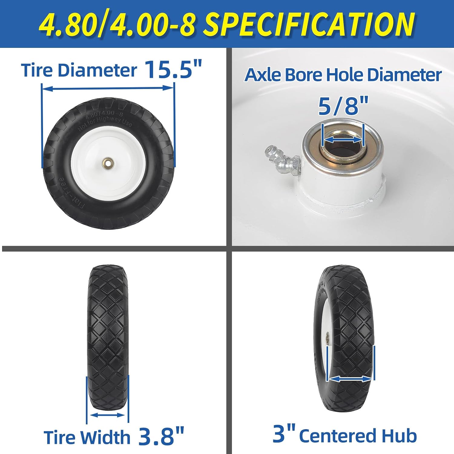 4.80/4.00-8" Wheelbarrow Tire, 16" Flat-Free Solid Tire and Wheel, 3" Centered Hub, 5/8" Axle Bore Hole, for Garden