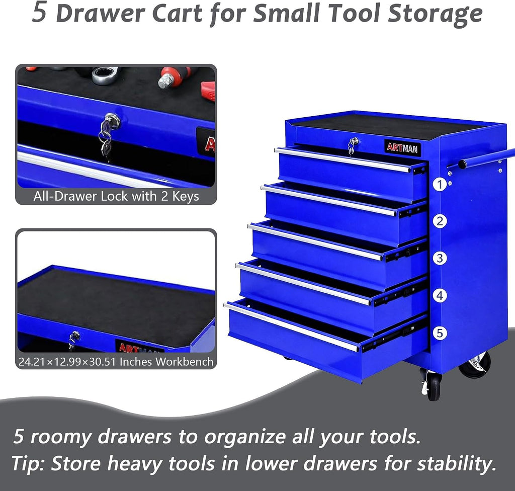 5 Drawer Tool Cart with Locking System, Heavy Duty Rolling Tool Chest Cabinet with 4 Wheels, Steel Garage Storage