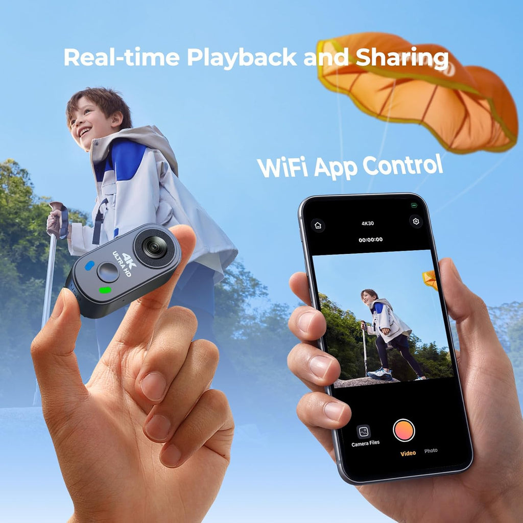 4K Mini Body Camera, Thumb Action Camera with 64GB Card, WiFi, EIS Stabilization, Charger Case, Magnetic Mount, 150°