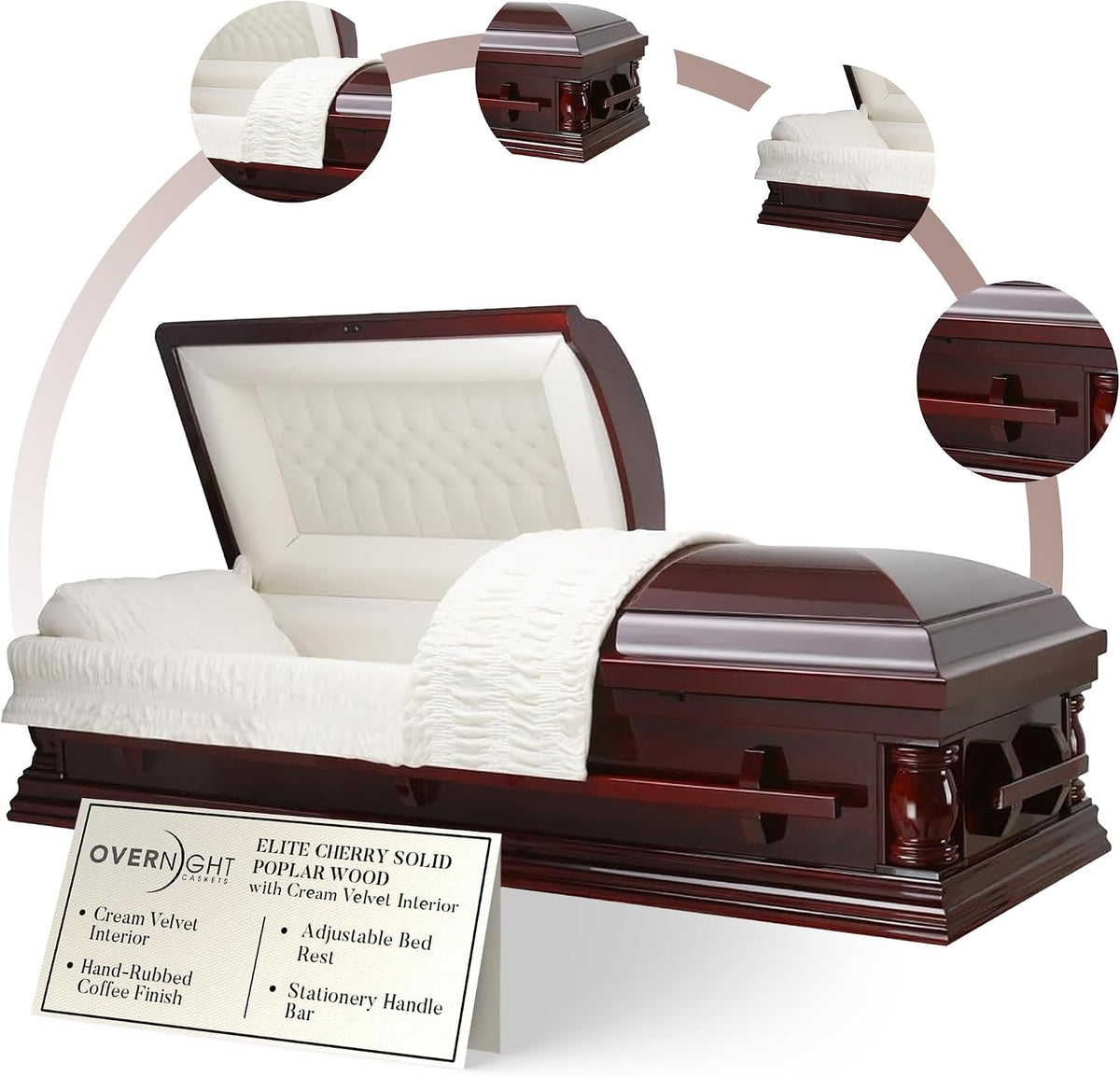 Elite Cherry Wood Funeral Casket w/Almond Velvet Interior