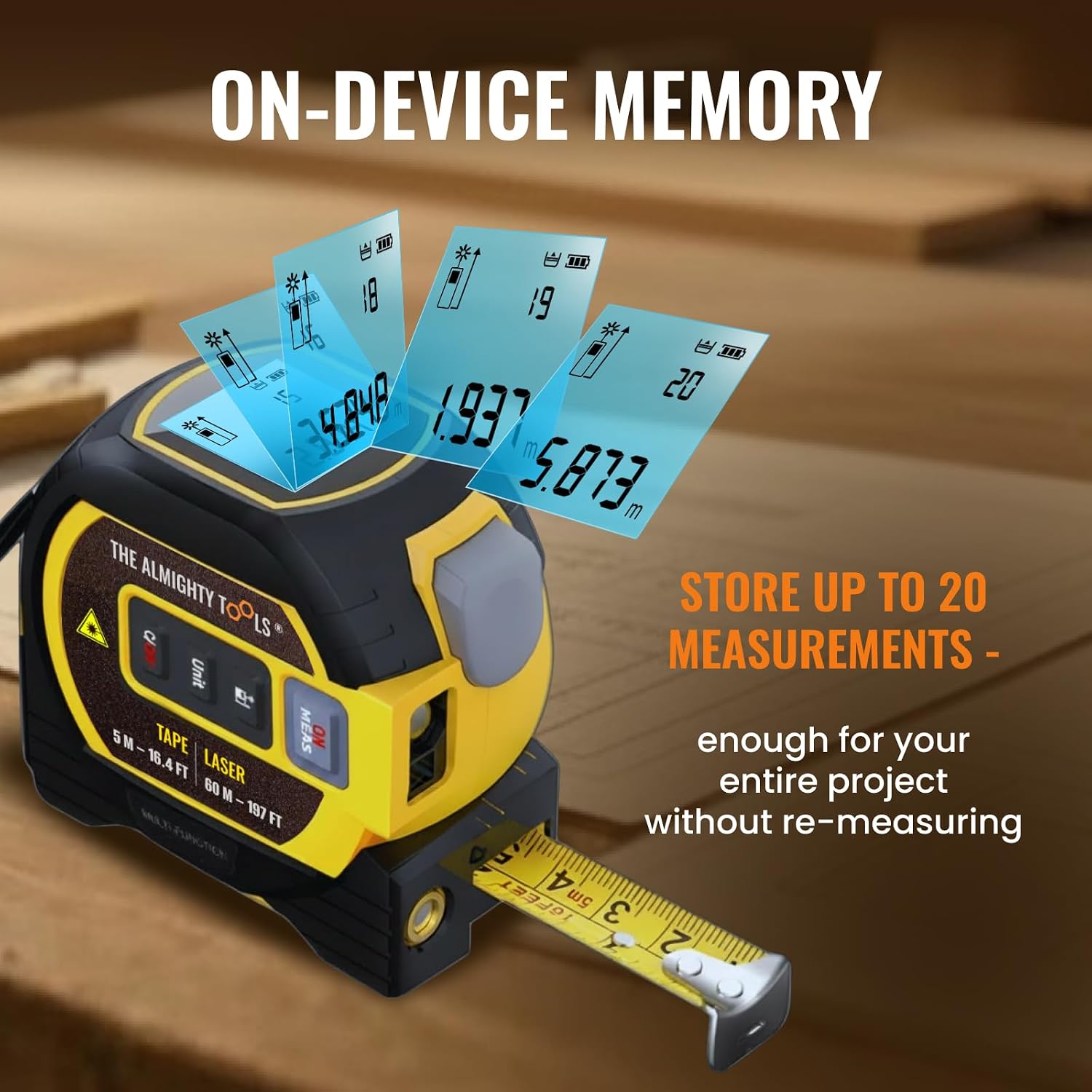 The Almighty Ruler Laser Tape Measure | Laser Distance Measurer, Heavy-Duty Tool with Cross Marking Feature, Smart