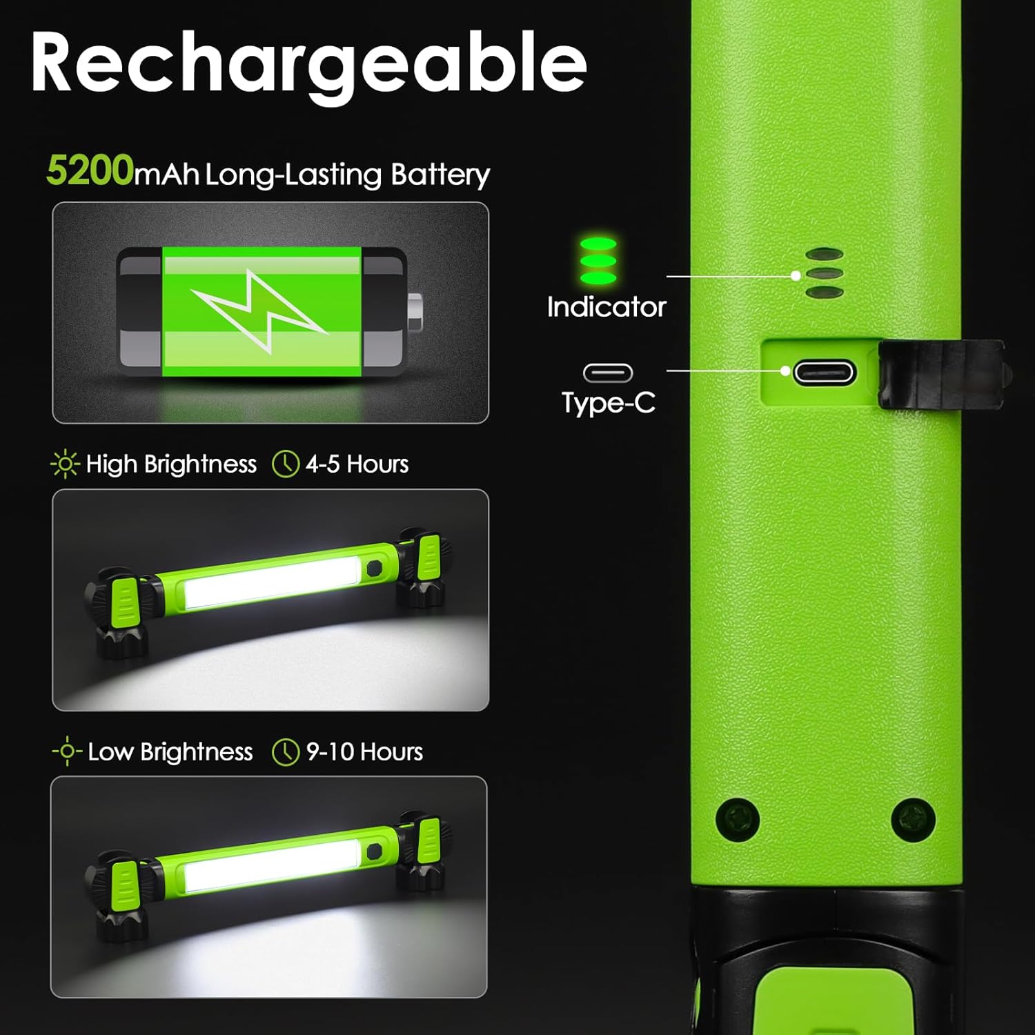 Work Light, 2500LM Bright LED Work Lights, 5200mAh Rechargeable Magnetic Underhood Work Light with Hooks, Cordless