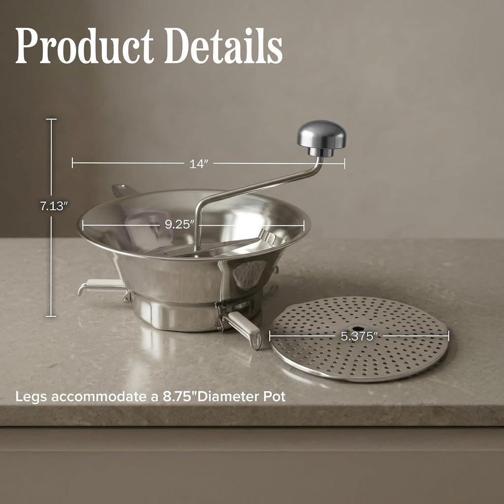 Stainless Steel Food Mill with 3 Milling Discs (Fine/Medium/Coarse) - Dishwasher Safe Rotary Food Mill for Tomato
