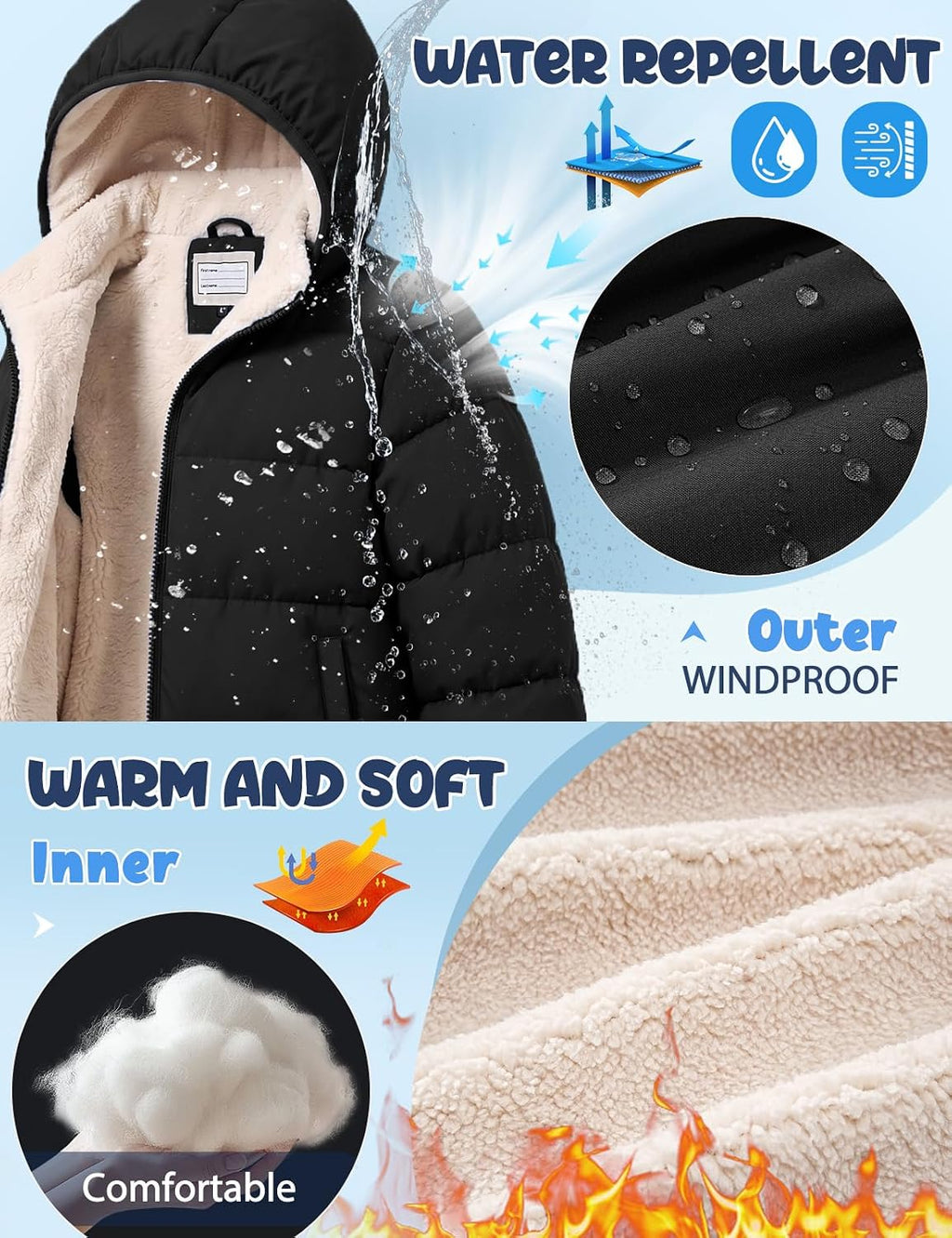 Boys Winter Coat Sherpa Lined Puffer Jacket For Kids Ages 6-15 | Long hooded design, windproof & water repellent