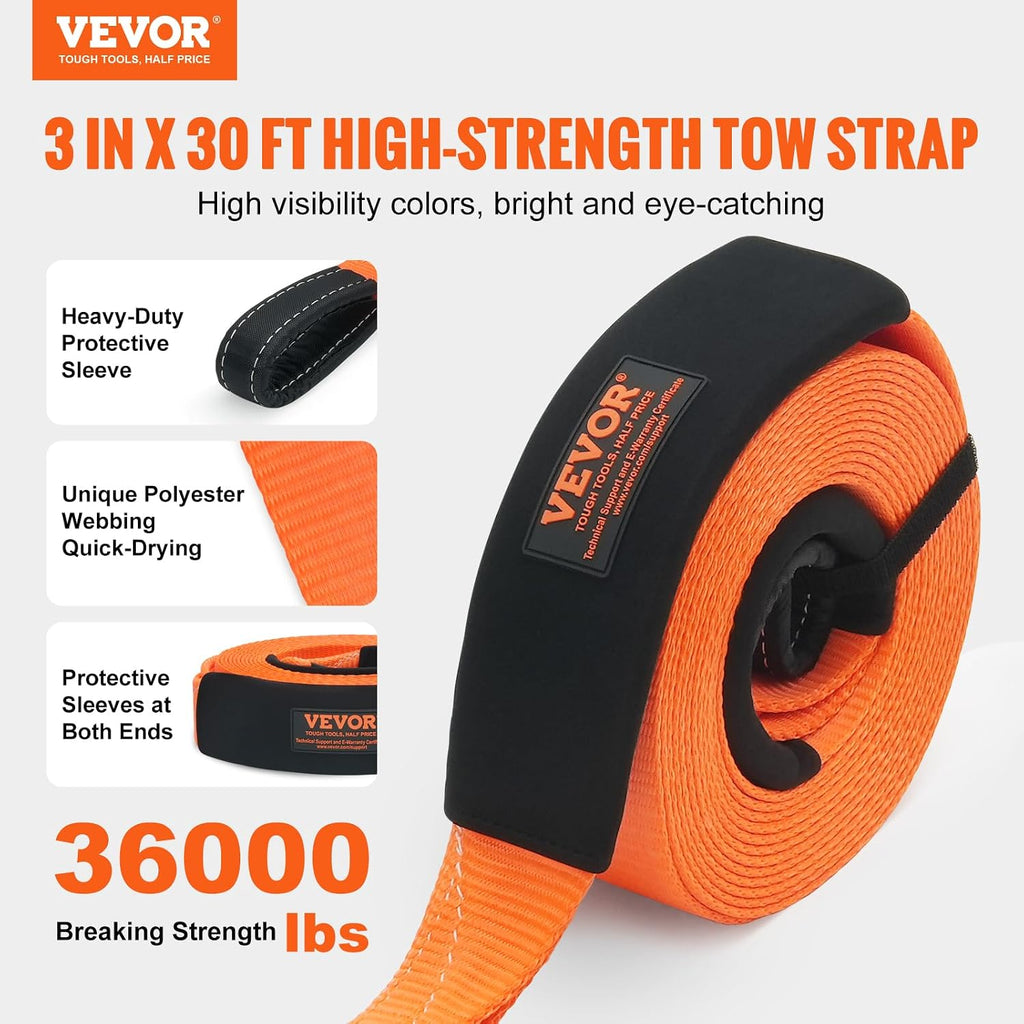 Polyester Heavy Duty Tow Strap Recovery Kit 3" x 30 ft (MBS-36,000 lbs) Winch Strap, Triple Reinforced Loop, Snatch