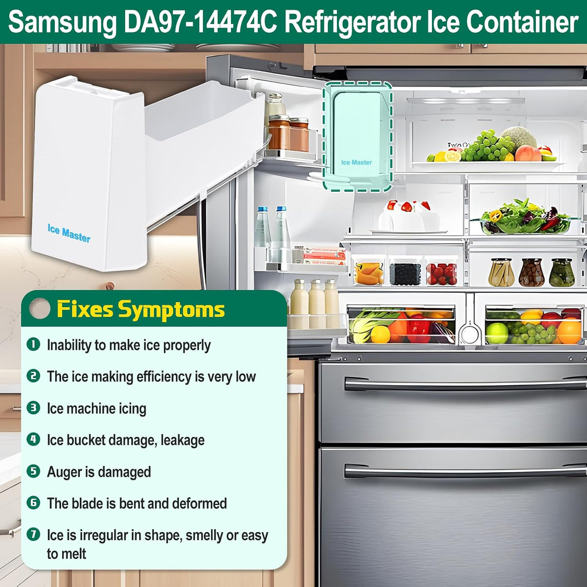 Upgraded DA97-14474A DA97-14474C DA97-12604D Refrigerator Ice Maker Replacement Compatible with Samsung Ice Bucket Parts RF26J7500SR, RF28HFEDTSR, RF265BEAESR Ice Bin Tray W/Latch Plate