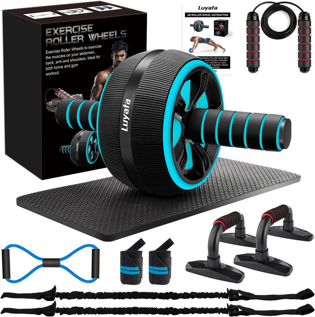 Ab Roller Wheel, 10-In-1 Ab Exercise Wheels Kit with Resistance Bands, Knee Mat, Jump Rope, Push-Up Bar - Home Gym