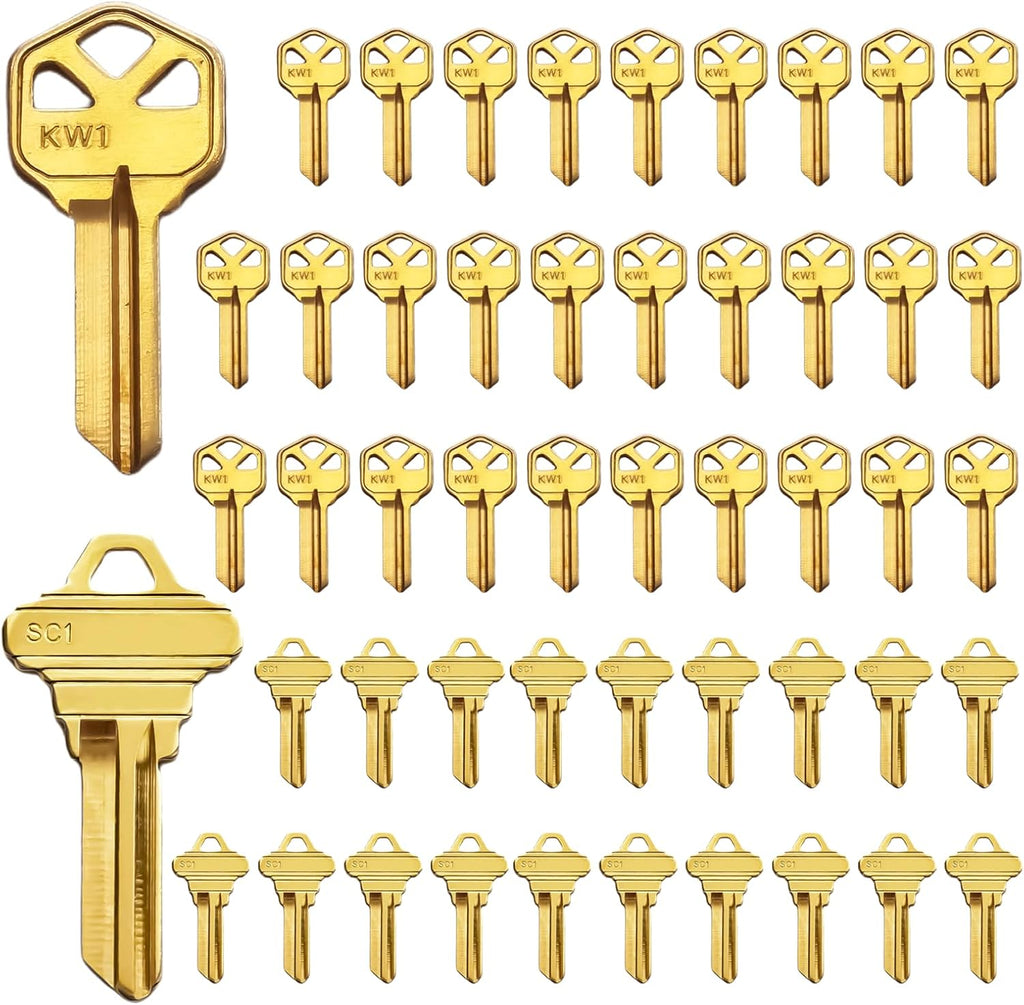 50 Premium Key Blanks – 30 KW1 & 20 SC1 Blank Keys, Brass Finished - 5 PIN
