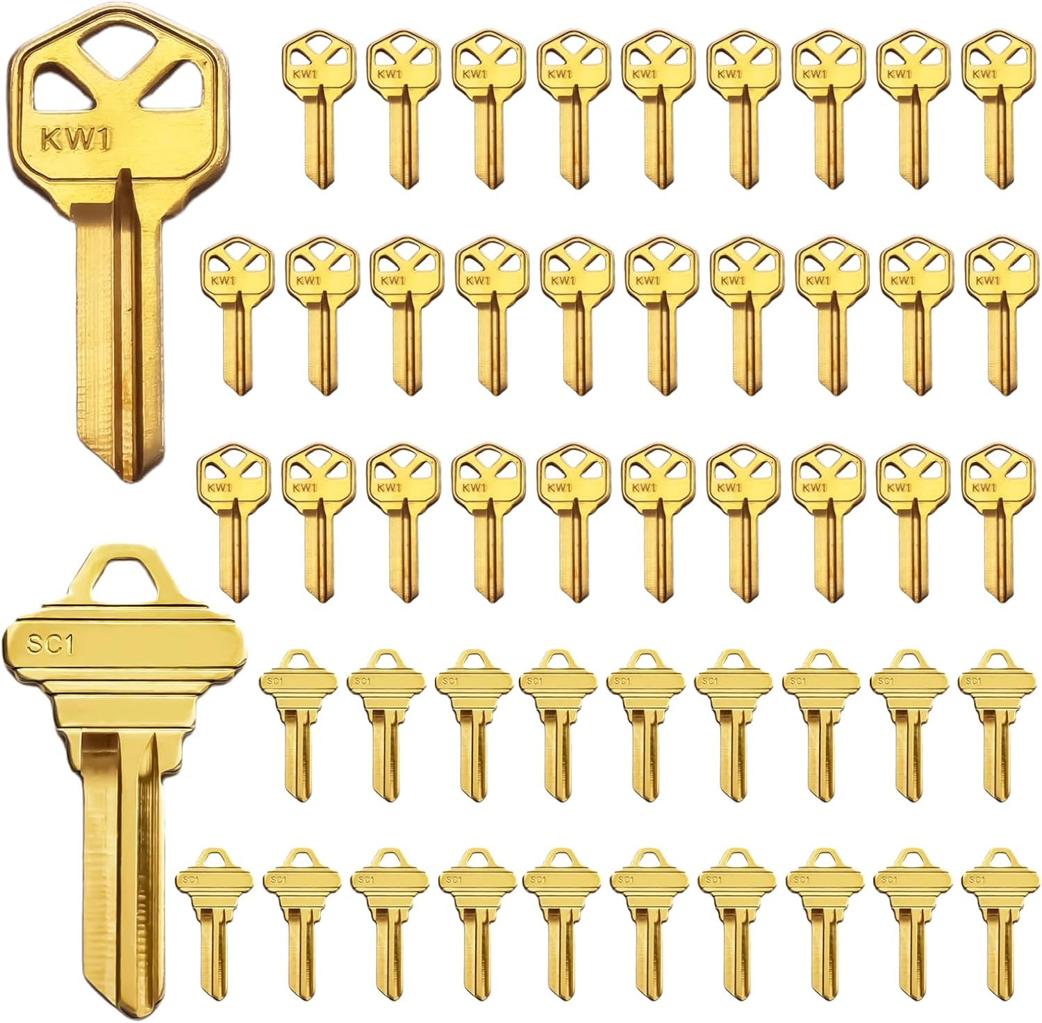 50 Premium Key Blanks – 30 KW1 & 20 SC1 Blank Keys, Brass Finished - 5 PIN