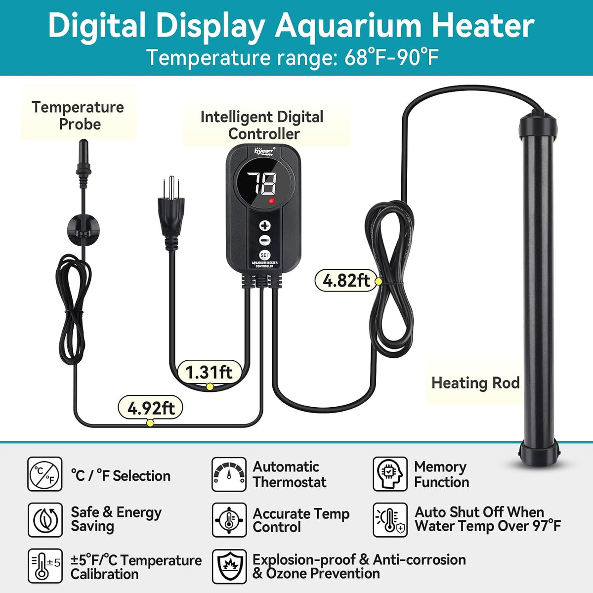 Marine Aquarium Heater 500W,Titanium Heater with Digital LED Controller & Temperature Probe,Submersible Fish Tank