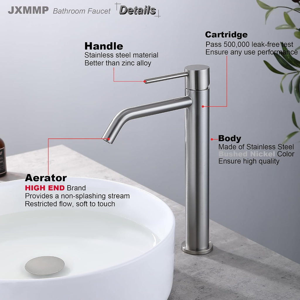 Vessel Sink Faucet Brushed Nickel, JXMMP Bathroom Sink Faucets Without Overflow Pop Up Drain and Water Faucet Supply