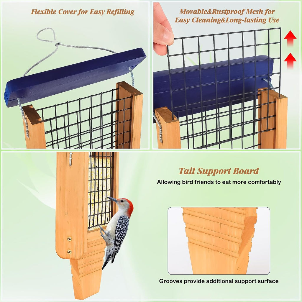 Wooden Suet Feeder with Tail Prop for Outside Hanging, Blue Roof