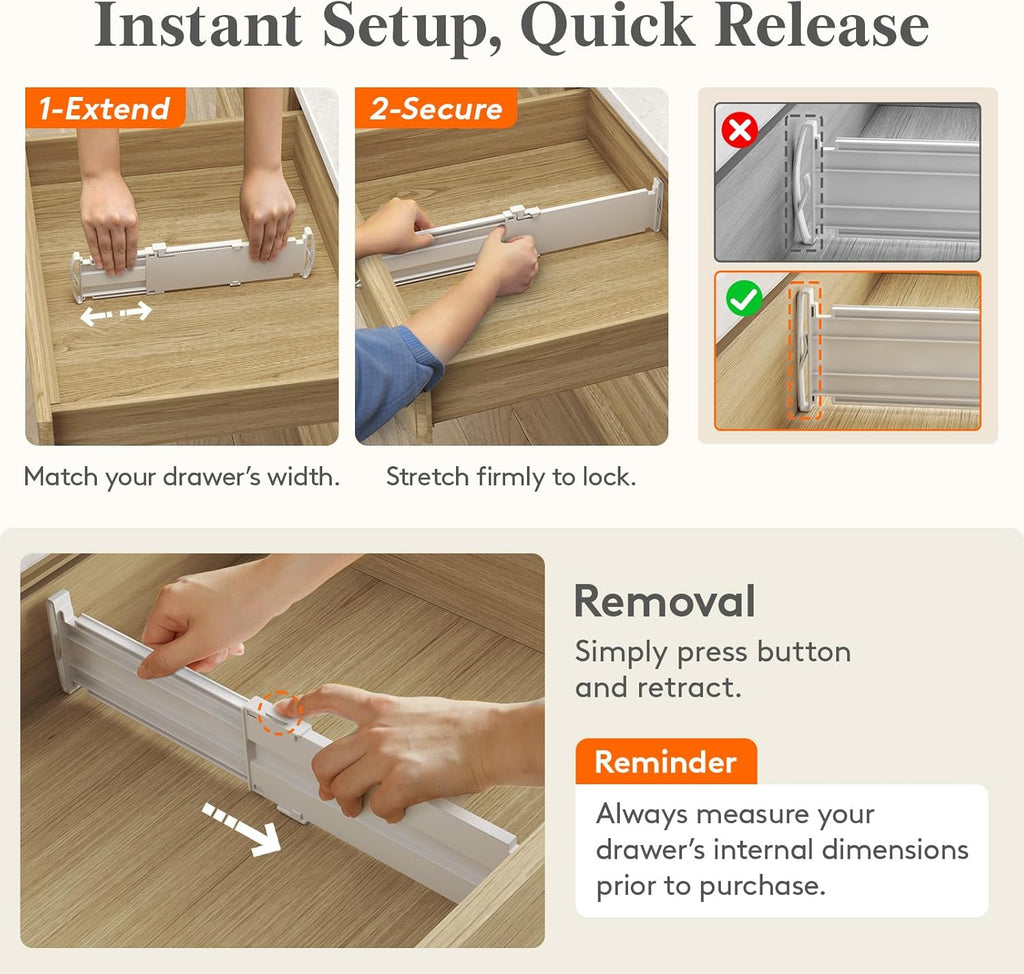 Drawer Dividers for Clothes, 3.2" High 10.5"-16.5" Expandable Dresser Drawer Organizers, Adjustable White Plastic