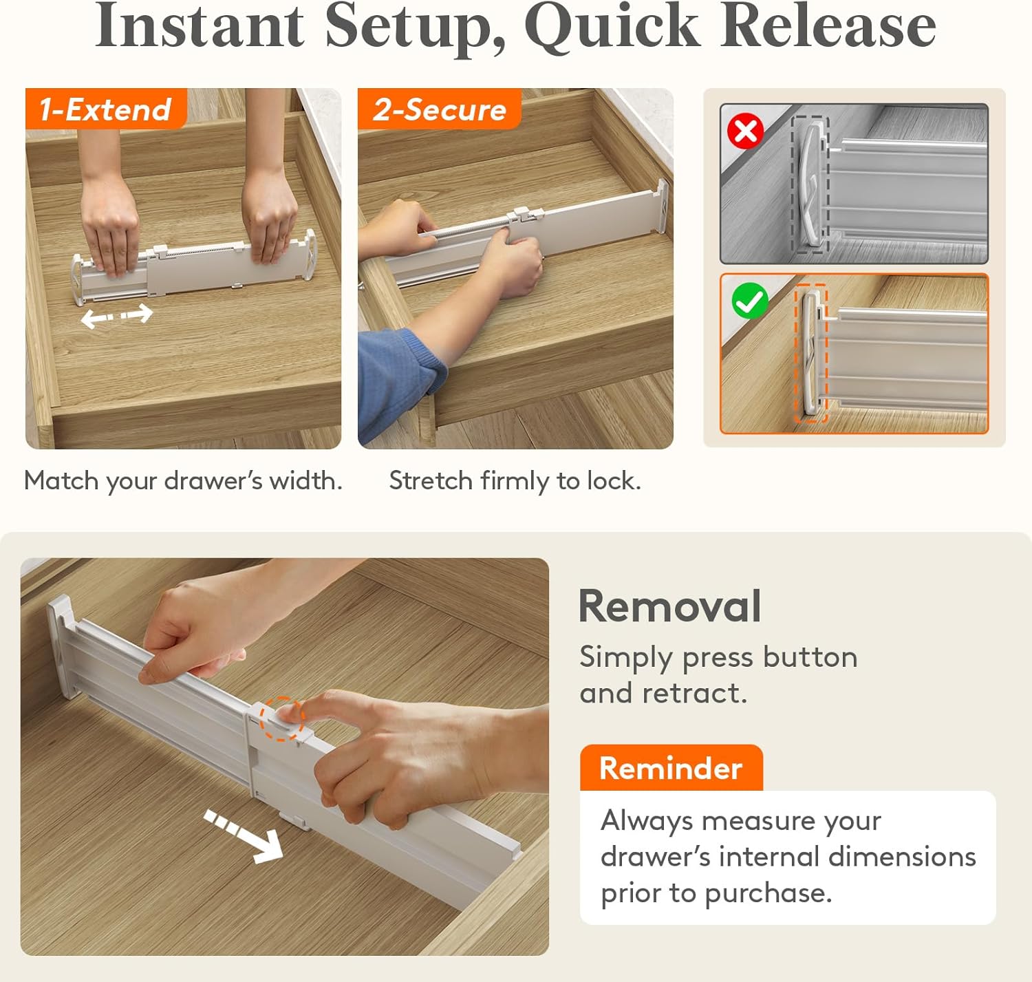 Drawer Dividers for Clothes, 3.2" High 10.5"-16.5" Expandable Dresser Drawer Organizers, Adjustable White Plastic
