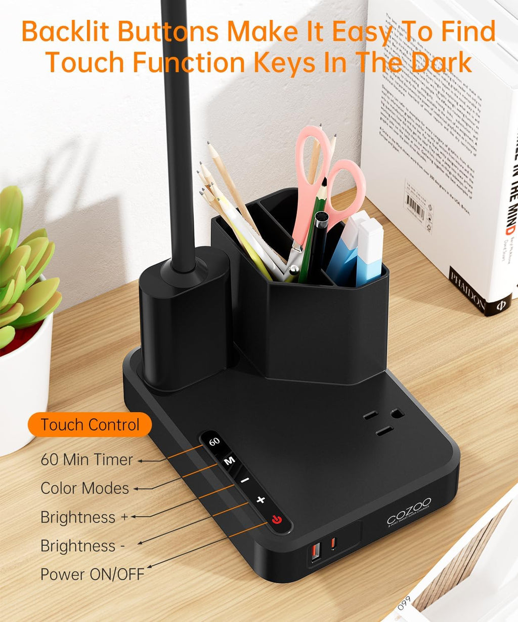 Desk Lamp, COZOO LED Desk Lamps for Home Office with USB Charging Port/Outlet/Organizer,Desk Lamp for College Dorm