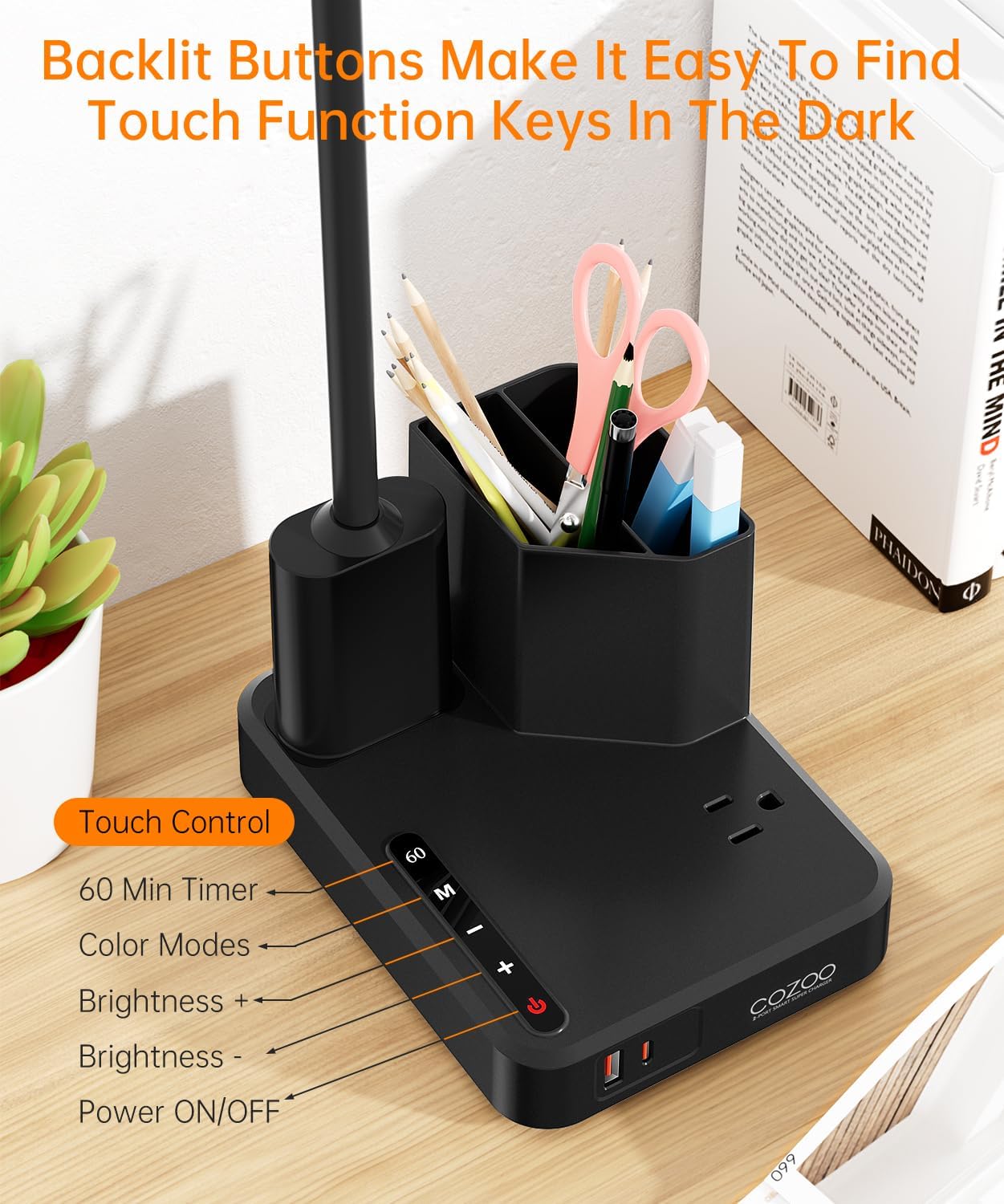 Desk Lamp, COZOO LED Desk Lamps for Home Office with USB Charging Port/Outlet/Organizer,Desk Lamp for College Dorm