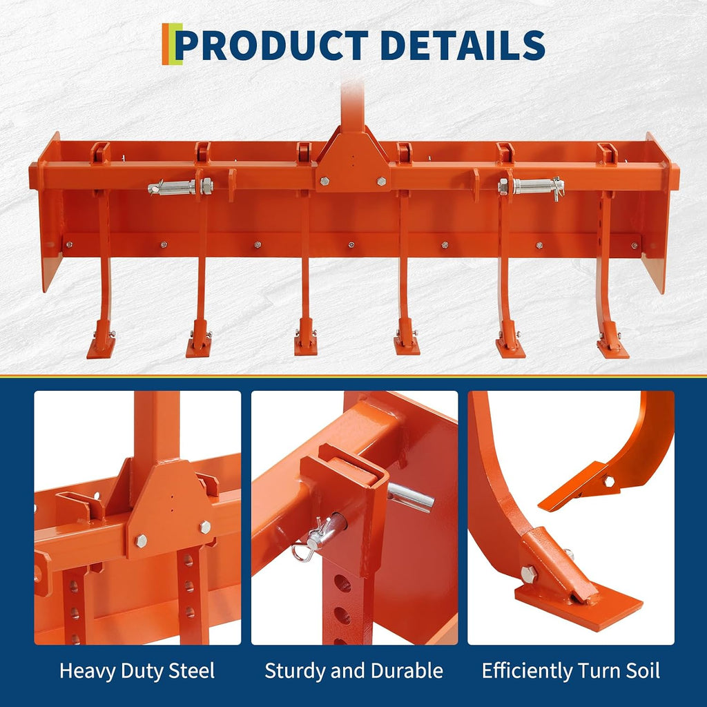 55" Box Blade for Tractor, 3 Point Hitch Box Scraper Attachment | Heavy Duty Land Leveling & Grading Implement