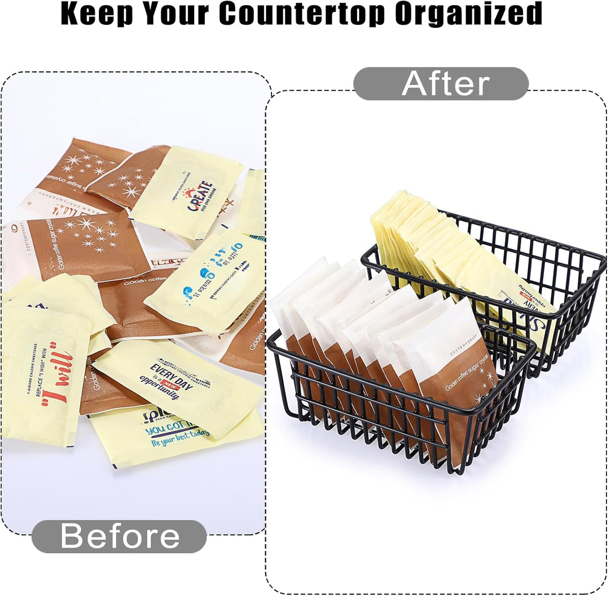 2 Pack Sugar Packet Holder, Stackable Metal Sugar Basket for Restaurant, Tea Bag Organizer, Black Small Condiments