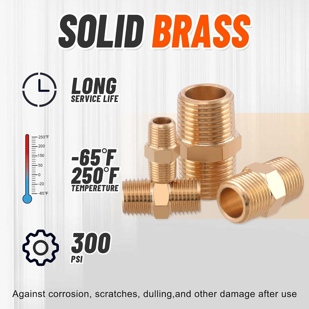 24Pcs Brass Pipe Fittings Hex Nipple Kit,1/8" 1/4" 3/8" 1/2" NPT