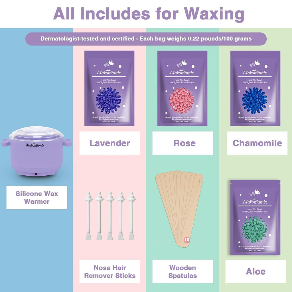 Waxing Kit -Silicone Wax Warmer for Hair Removal with 4 Packs of Hard Wax Beads, Portable Electric Silicone Wax