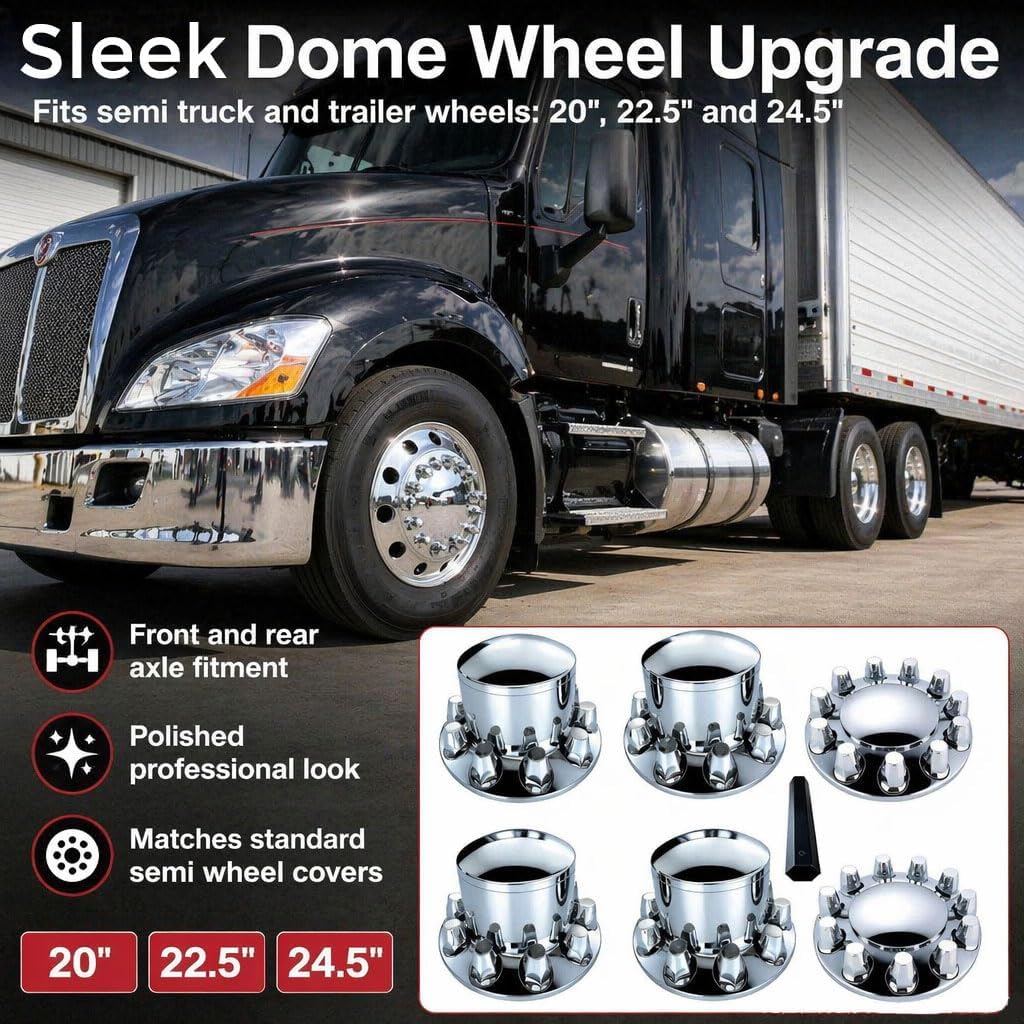 Dome Chrome ABS Hubcaps for Semi Trucks Axle Wheel Cover Kits 2 Rront 4 Rear with 33mm Thread on Lug Nut Covers and