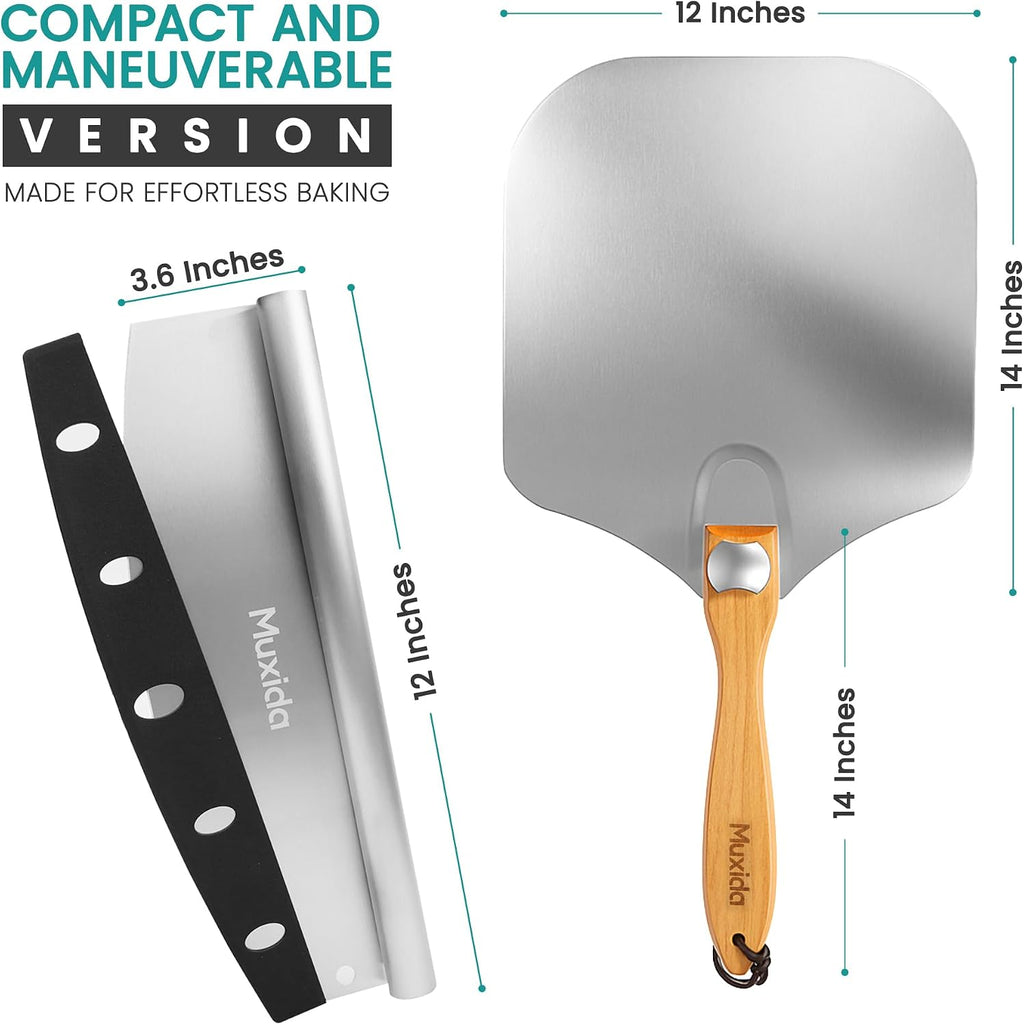 Aluminum Pizza Peel & Rocker Cutter Set (12" x 14") Premium Stainless Steel Pizza Paddle with Foldable Wooden Handle
